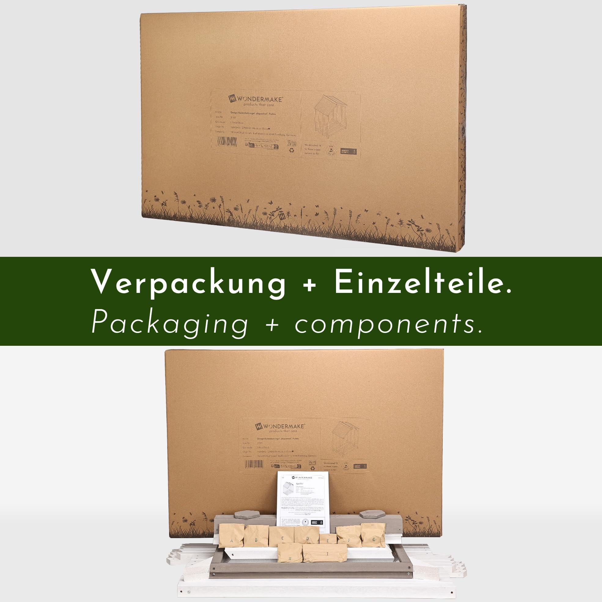 Design Kaminholzregal aus Holz mit Dach außen, Brennholzregal Holzlager-Regal Feuerholzregal Kaminholzunterstand Kaminholzlager klein Brennholzlager draußen Outdoor, 1,8 SRM, weiß grau