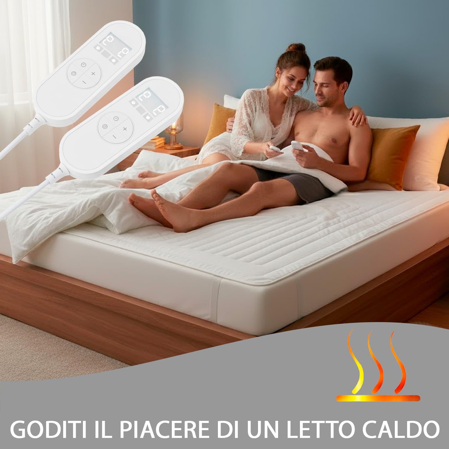 Scaldaletto Elettrico Matrimoniale 170 x 150 cm in Poliestere 9 Livelli di Temperatura 2 Controller Indipendenti Spegnimento Automatico 1-9h Anti-Surriscaldamento Elastici agli Angoli Lavabile Bianco