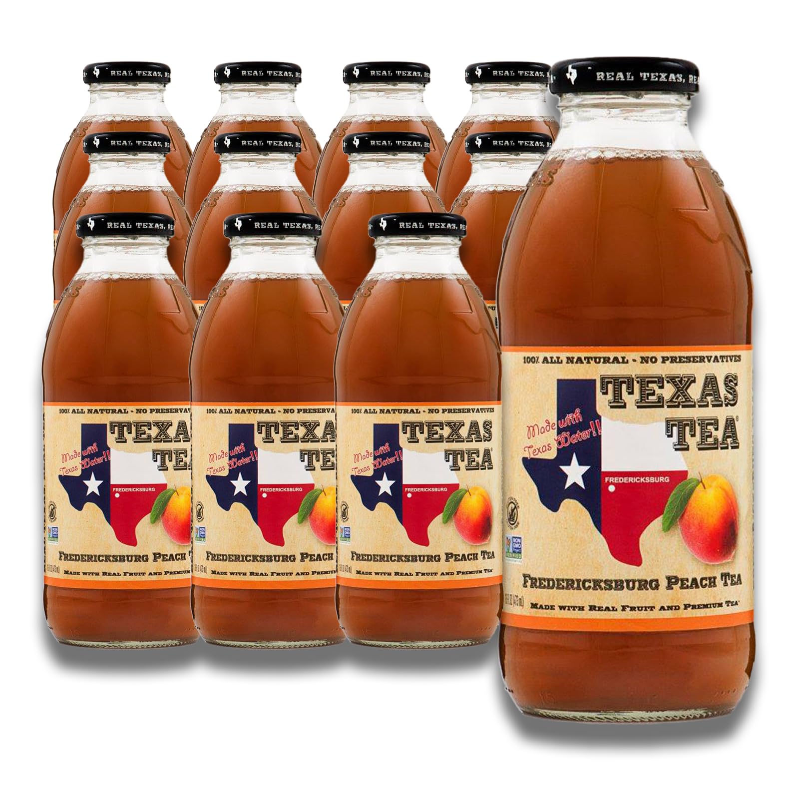 Texas Tea Fredericksburg Peach Tea – Organic Black Tea with Real Texas Peaches, Small-Batch Brewed, 12-Pack of 16 FL Oz Glass Bottles, Refreshing Southern Sweet Peach Iced Tea