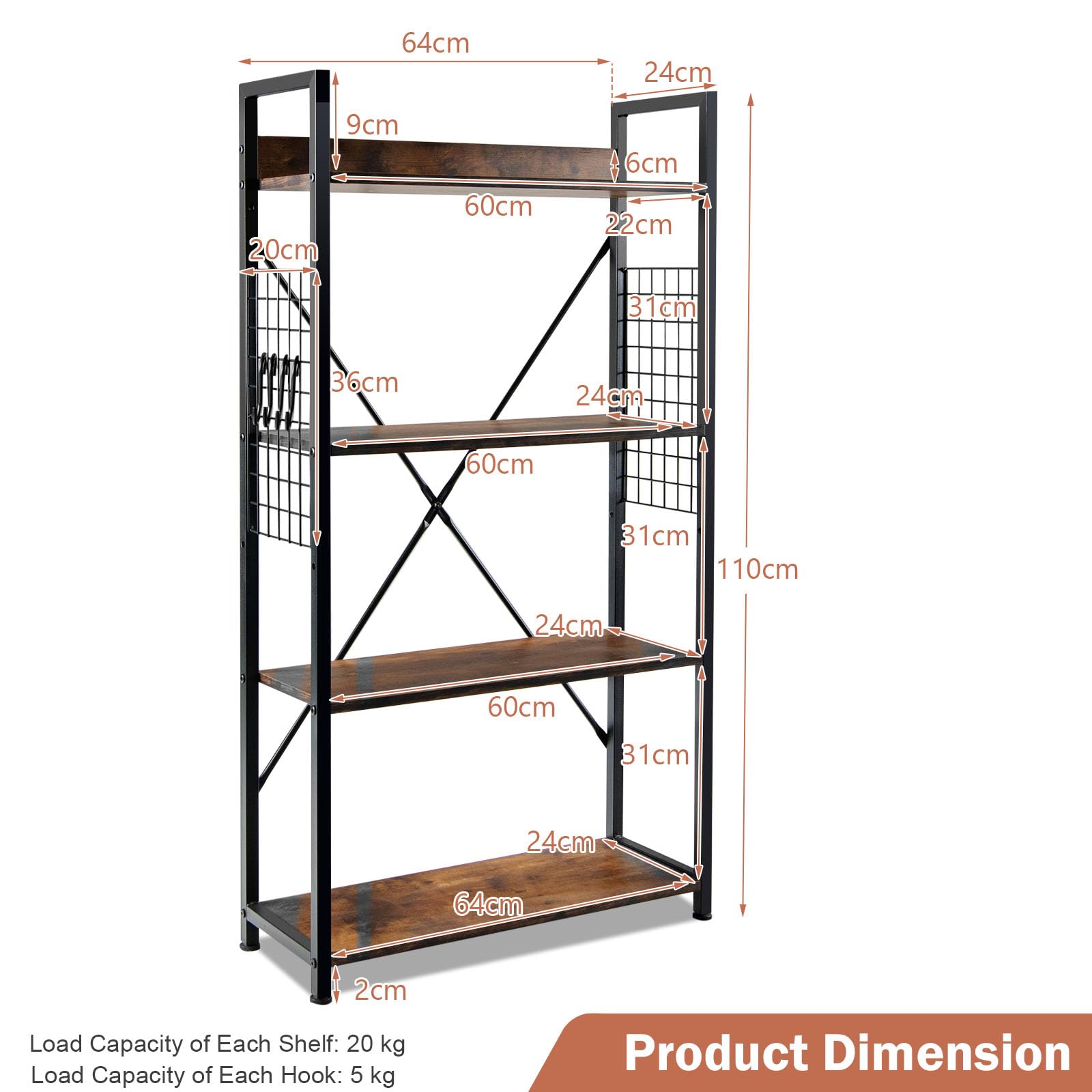 HOMASIS Estantería Industrial de Pie con 4 Niveles, Estantería de Oficina con Rejilla y Ganchos, Librería Vintage para Salón, Dormitorio, Estudio, con Patas Ajustables, 64x24x110cm, Negro y Marrón