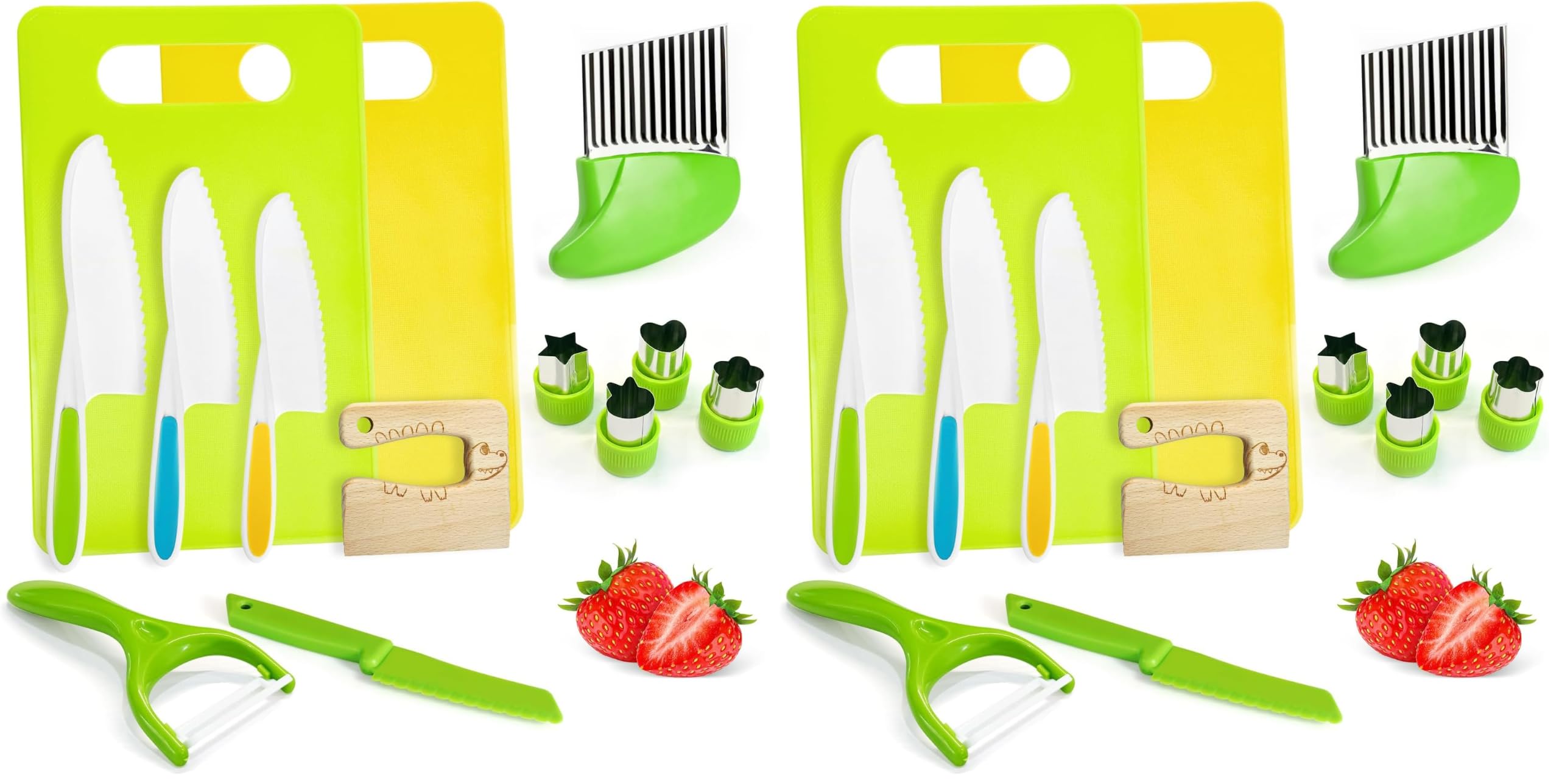 Chanking 13 Pieces Kids Safe Knife Set for Real Cooking Child-Friendly Plastic Chef Tools Montessori Kitchen Toys for Toddlers Birthday Gifts for Boys and Girls Ages 4+ (A) (Pack of 2)