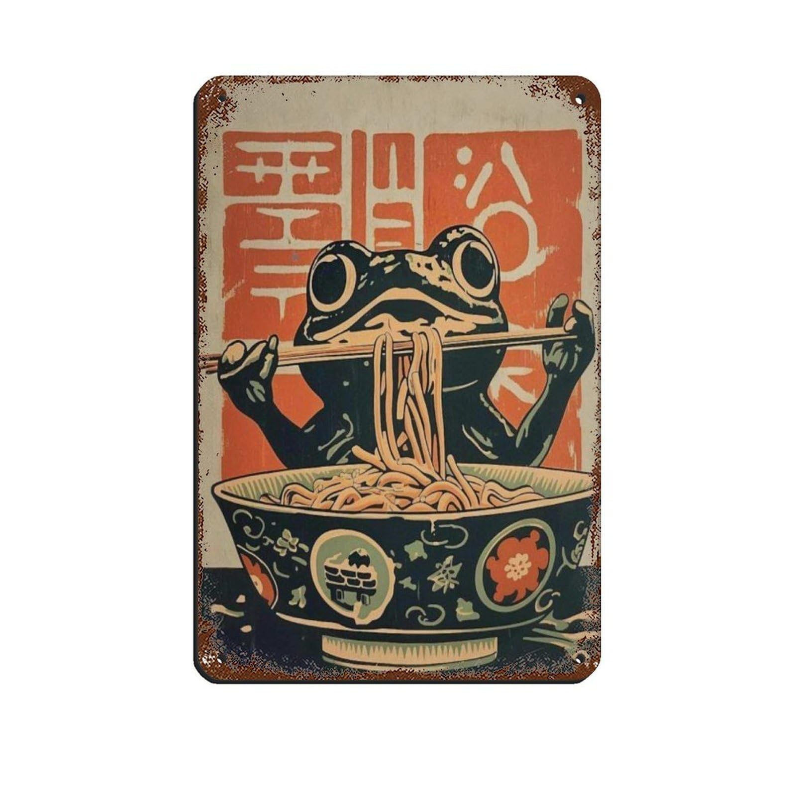 Quirky Ramen Frog Poster Tin Sign Vintage Metal Pub Club Cafe Bar Home Wall Art Decoration Poster Retro 8x12inch(20x30cm)