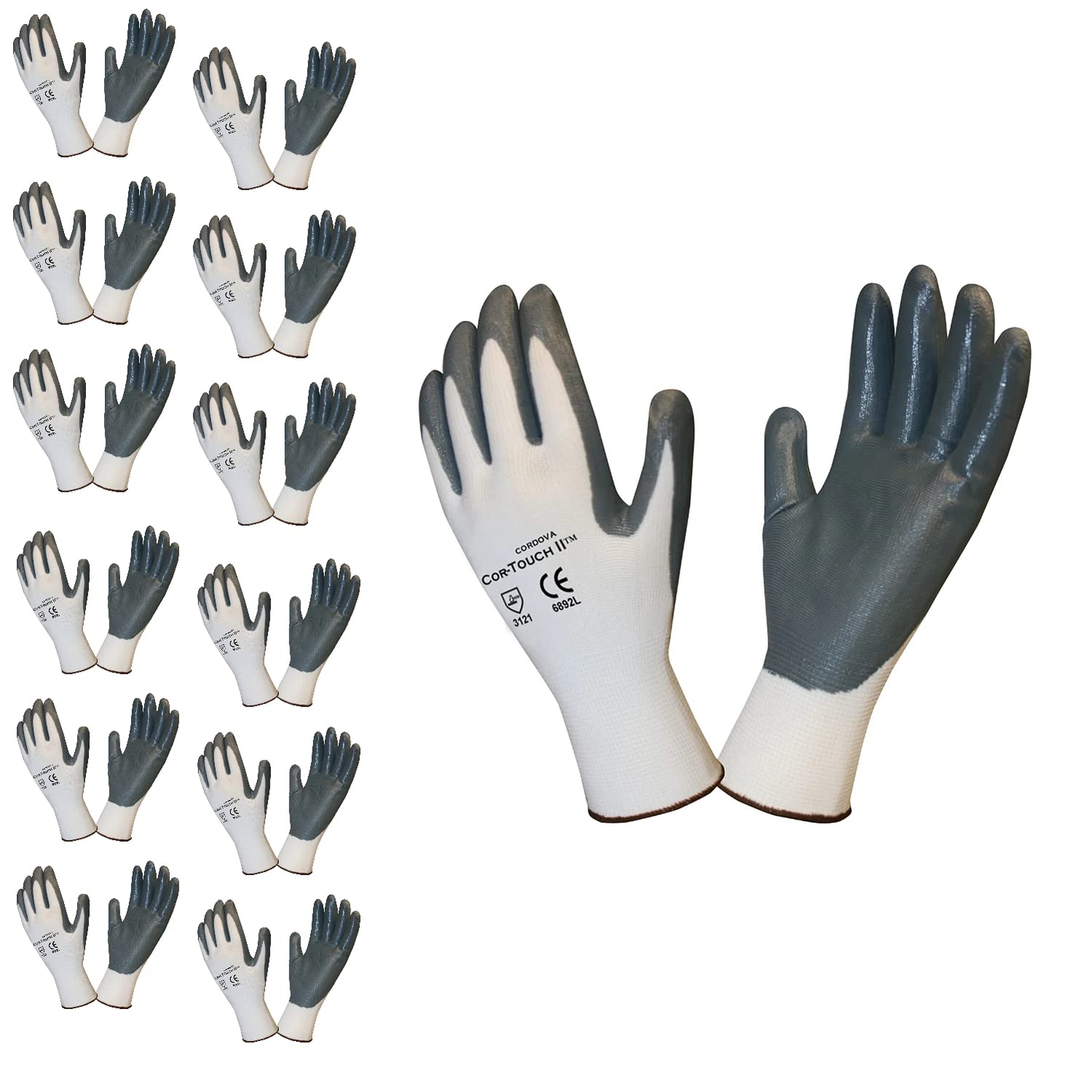 Cordova 6892XL Cor-Touch II 13-Gauge Gloves, White Polyester Shell, Gray Flat Nitrile Palm Coating, X-Large, 12-Pack