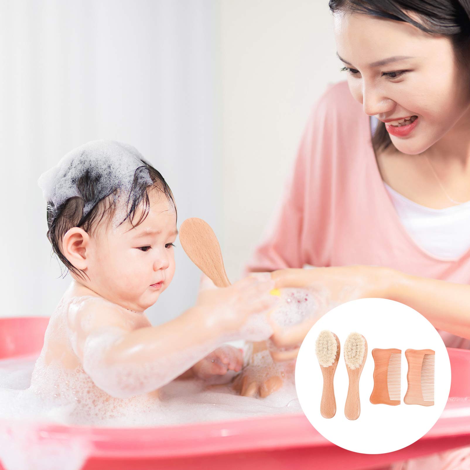 TOYANDONA 3 Juegos 4 Piezas cepillo de lana cepillos para el cabello de bebe cepillos de lana para bebe producto para el cuidado del cuero cabelludo peine de madera para bebe Lana para bebé
