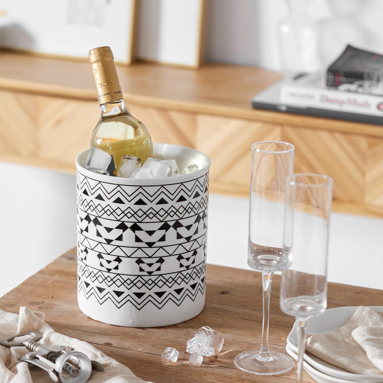 DOWAN Kitchen Utensil Holder for Countertop - 7.2" Large Ceramic Utensil Crock, Cooking Utensil Holder Bohemian Style for Kitchen Décor, Anti Slip & Scratch Cork Bottom, White & Black Pattern