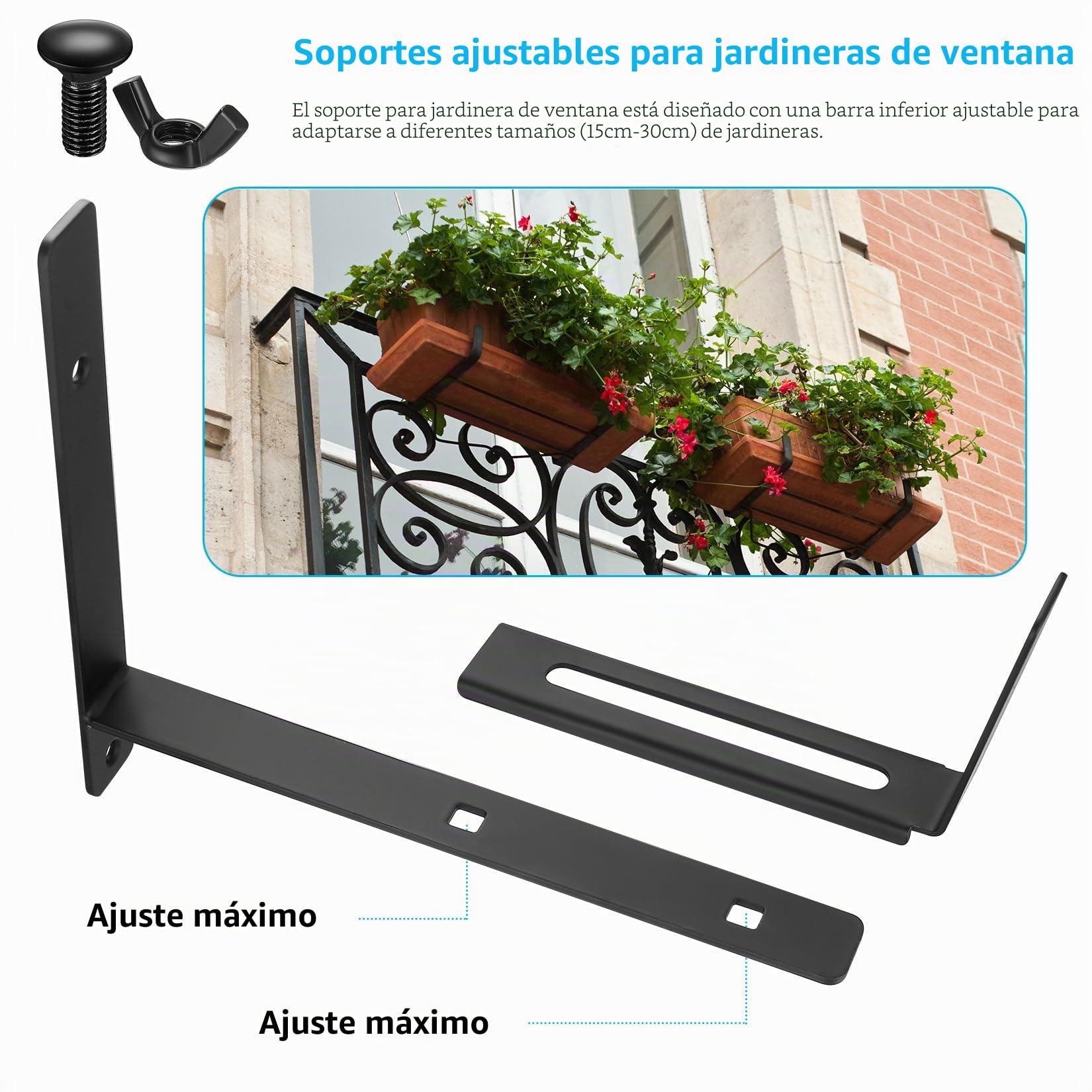 4 soportes de caja de ventana, soportes ajustables de 5.9 a 11.8 pulgadas para alféizar de ventana, macetas de balcón, macetas para barandillas, soporte colgante al aire libre para valla, balcón