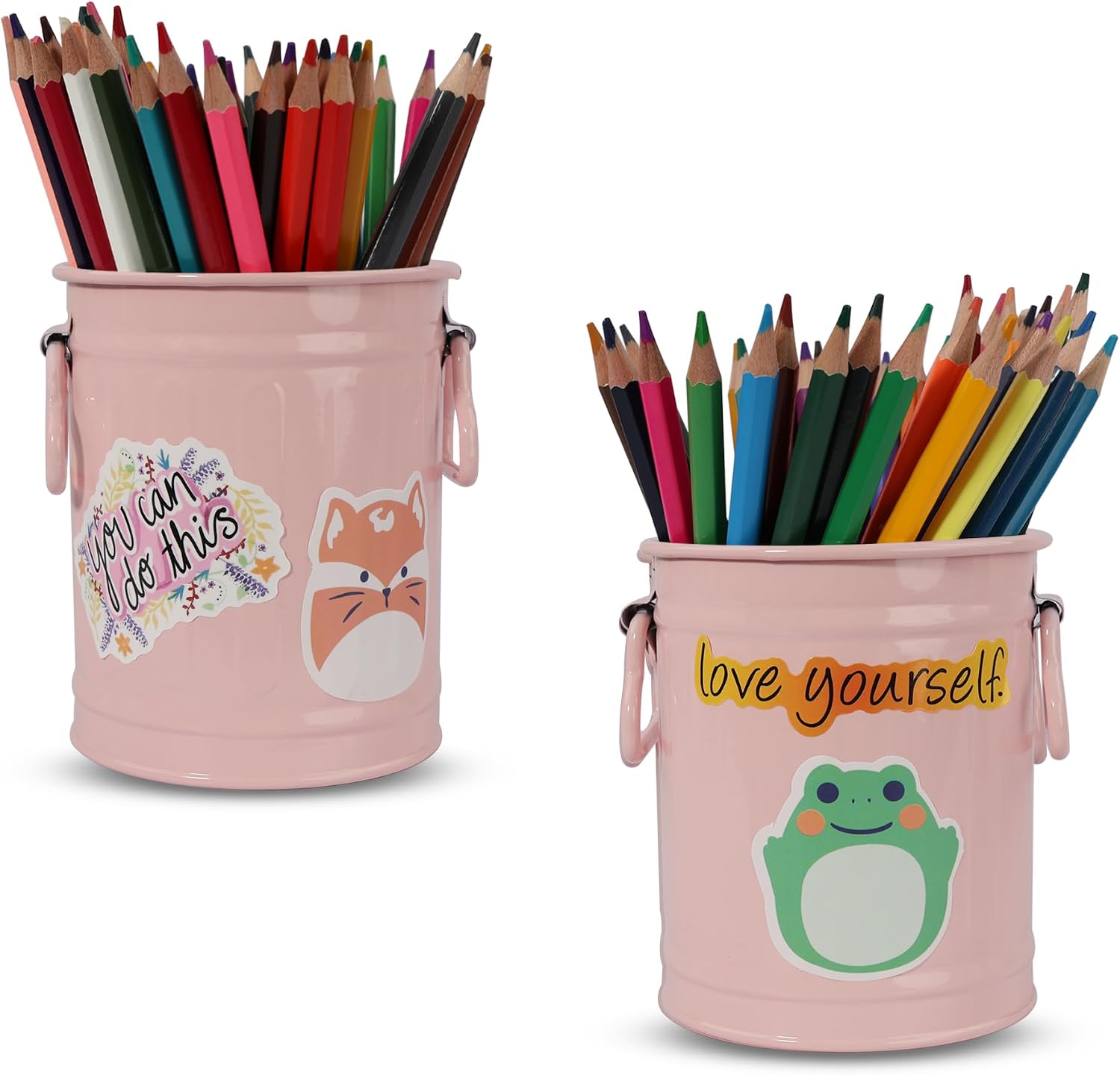 Pen Holder Cup For Desk With 60 Pcs Cute Animal & 50 Pcs Inspirational Stickers,Tinplate Pencil Holder Metal Marker Pen Organizer Desk Accessory Storage for Office Home - Barrel Shape - 2 Pack (Pink)