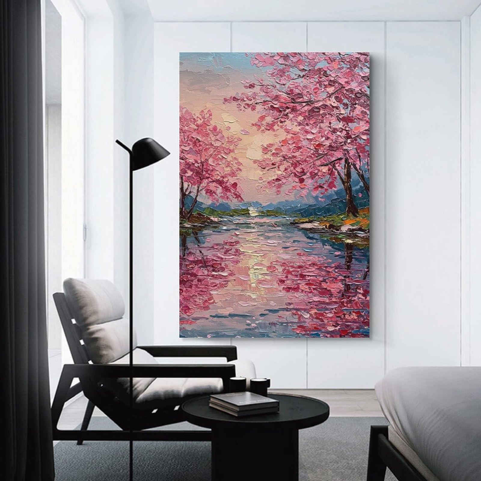 Junmoney Unframe-Style-18 Canvas Wall Decor Cherry Blossom River Oil Painting, 20X30inch(50X75cm), For Home Lounge, Bedroom Or Reading Nook, Eye Catching Artwork For Blank Walls