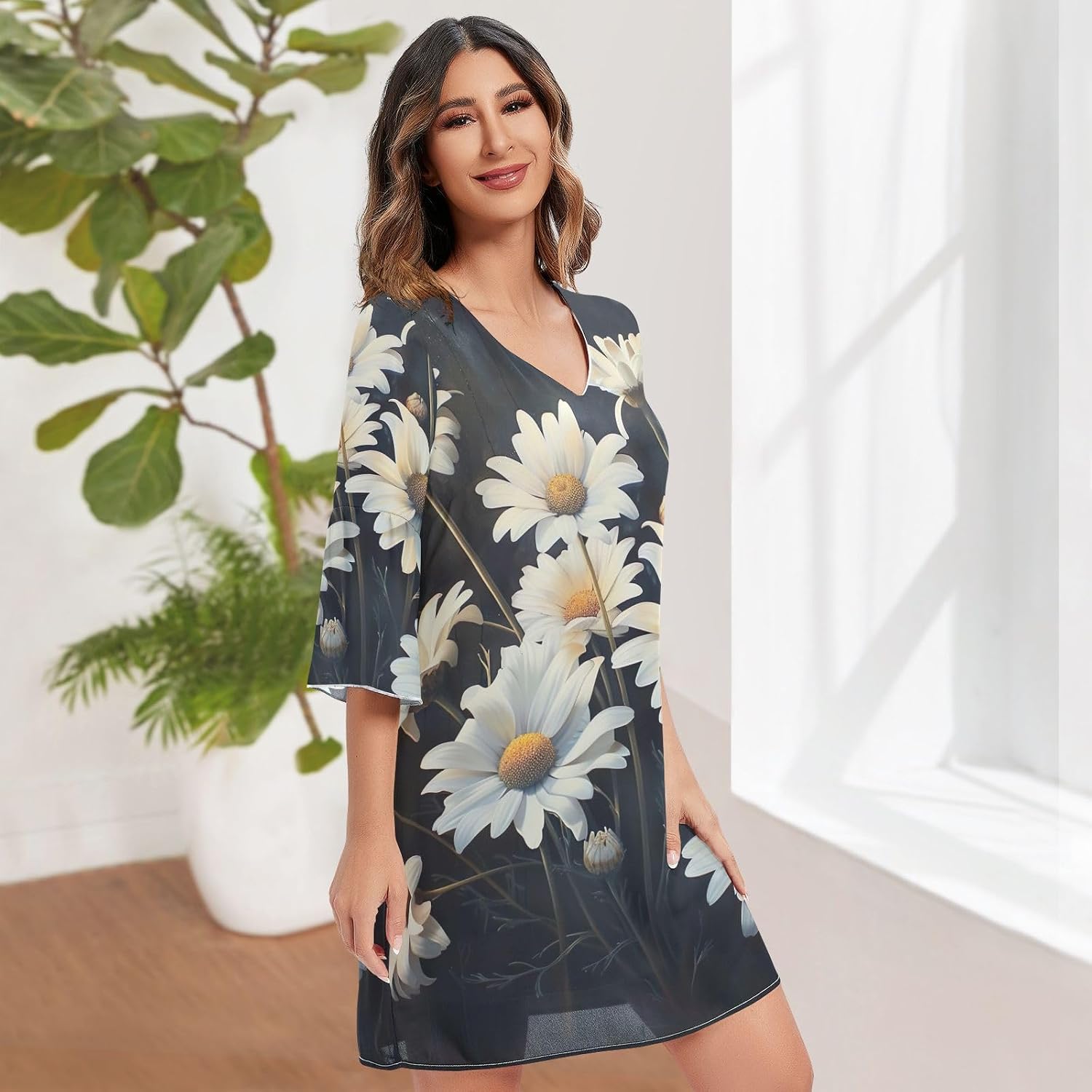 Vintage White Daisy Flowers V Neck Dress Printed Hawaiian Short Dresses Women S-XXL