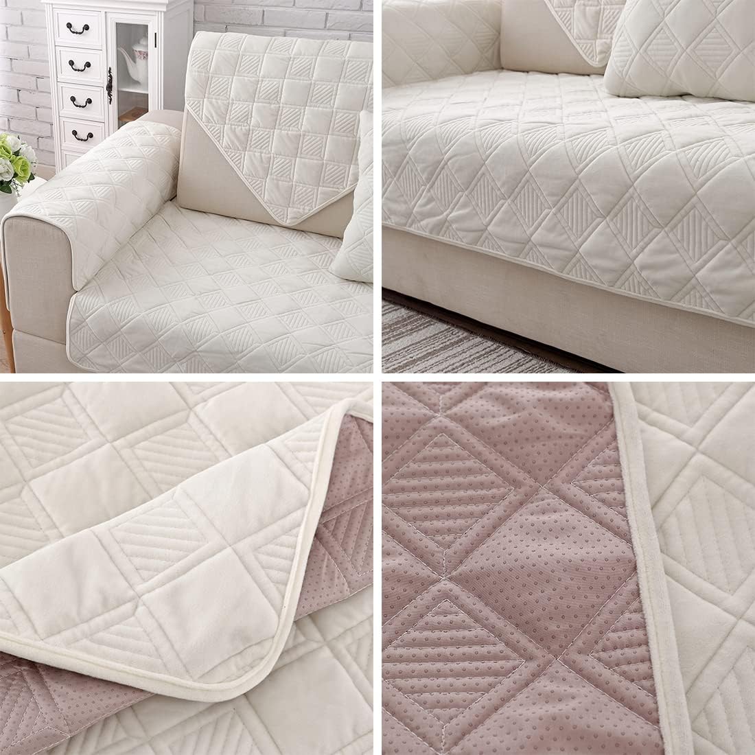 vctops Diamond Plush Sofa Couch Cover Soft Velvet Sectional Couch Covers Non-Slip Sofa Slipcover for Dogs Cats Pet Love Seat Recliner Leather L Shaped, Armrest Backrest Cover (Cream,36"x63")