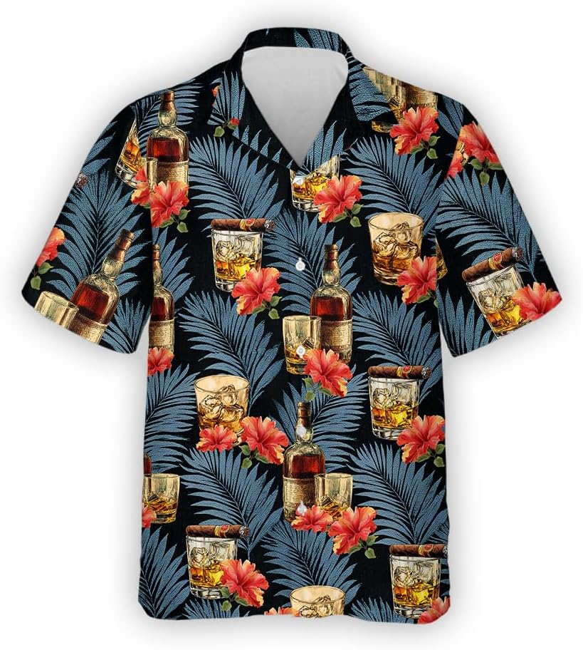 V-DECORPARKS Cigar Smoke Hawaiian Shirts - Liquor Mens Shirts Casual Button Down Bourbon Whiskey Beach Shirts