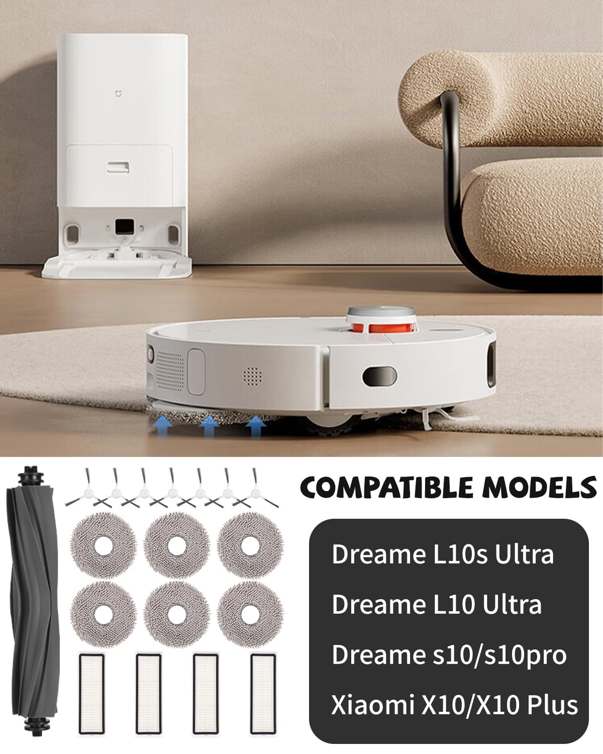 Zestaw akcesoriów do Dreame L10s Ultra / L10 Ultra odkurzającego, 1 szczotka główna, 7 szczotek bocznych, 4 filtry, 6 nakładek na mopa, 4 worki na kurz, 1*szczotka do czyszczenia