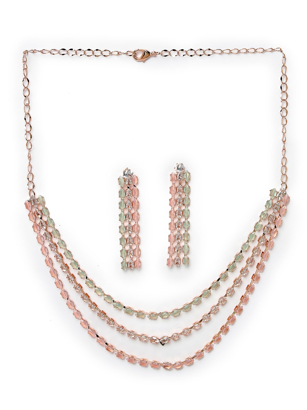 Eye-Catchy Rose Gold Plated With American Diamond Studded Multi Layered Collar Bone Necklace Set with Dangle Earrings | Jewellery Set For Women And Girls (NS104791)-image-49