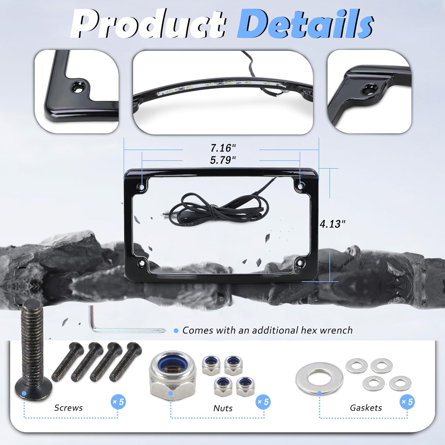 Curved LED License Plate Frame with Light Compatible with Harley Davidson 4" x 7" License Plate (Black)