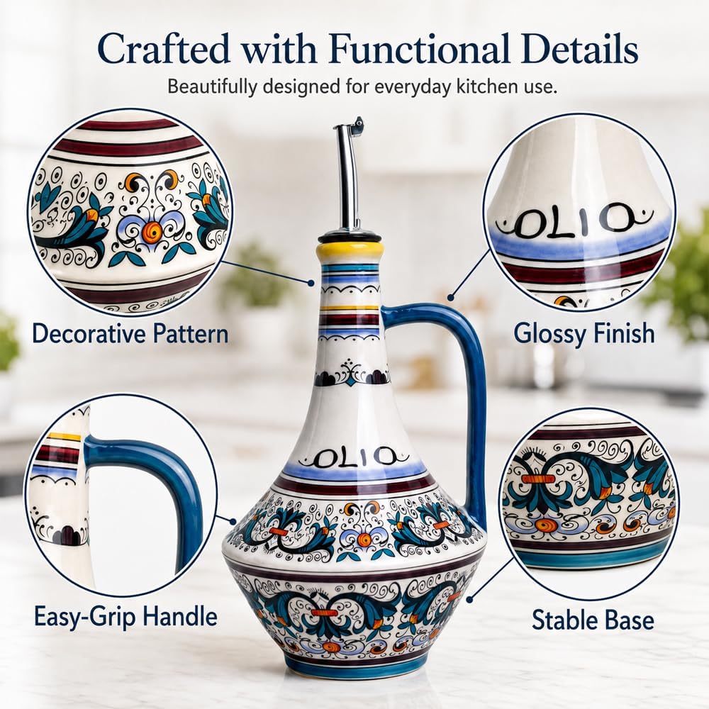 Ceramic Olive Oil Dispenser Bottle, 18.3 oz Oil Cruet with Spout and Handle, Hand-Painted Floral Pattern, Non-Drip Pourer for Kitchen Counter, Salad Dressing, Vinegar, Decorative Oil Container