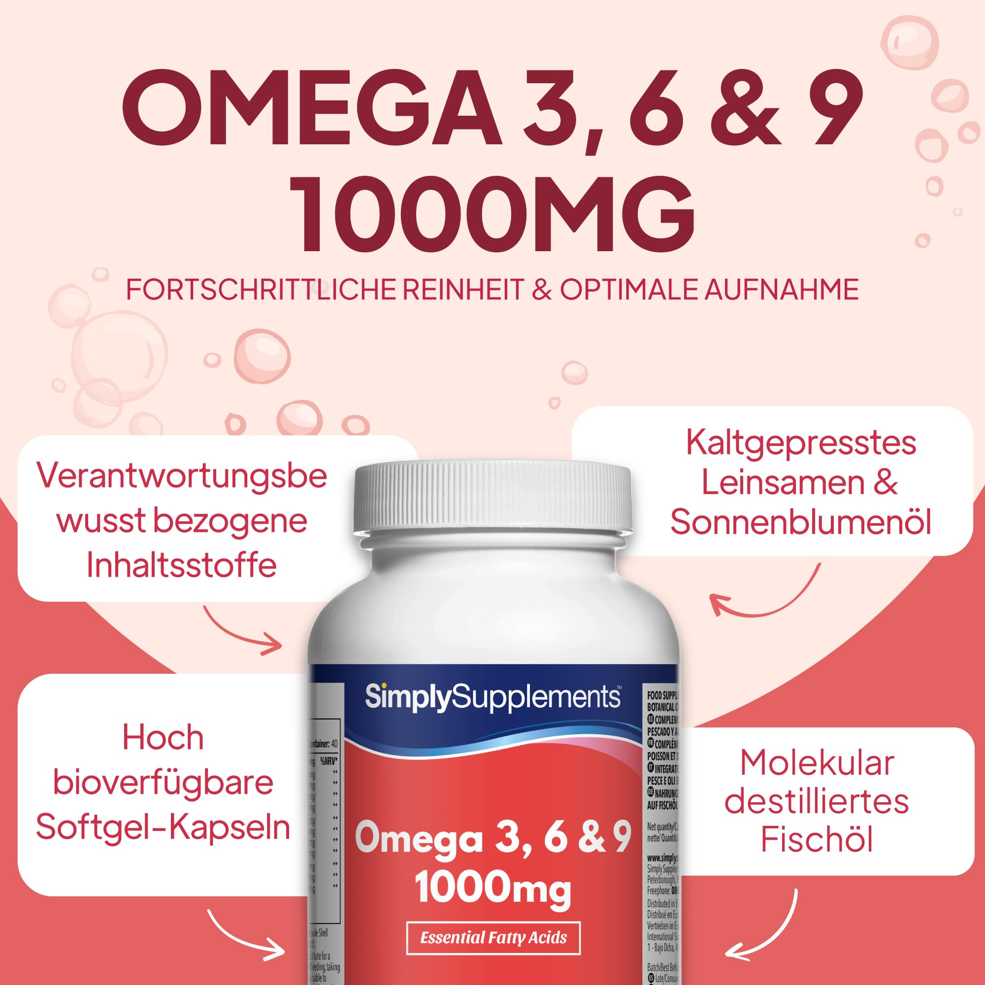 Omega 3, 6 & 9 1000mg - 240 Kapseln - Versorgung für bis zu 8 Monaten - SimplySupplements