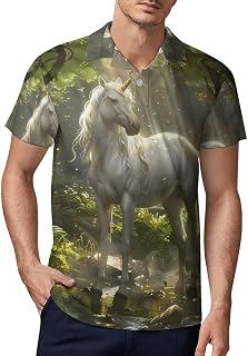 Magical Unicorrn in The Forests Creek Men's Short Sleeve Golf Polo-Shirt Regular-Fit Classic Sport Shirt Slim Button Tees