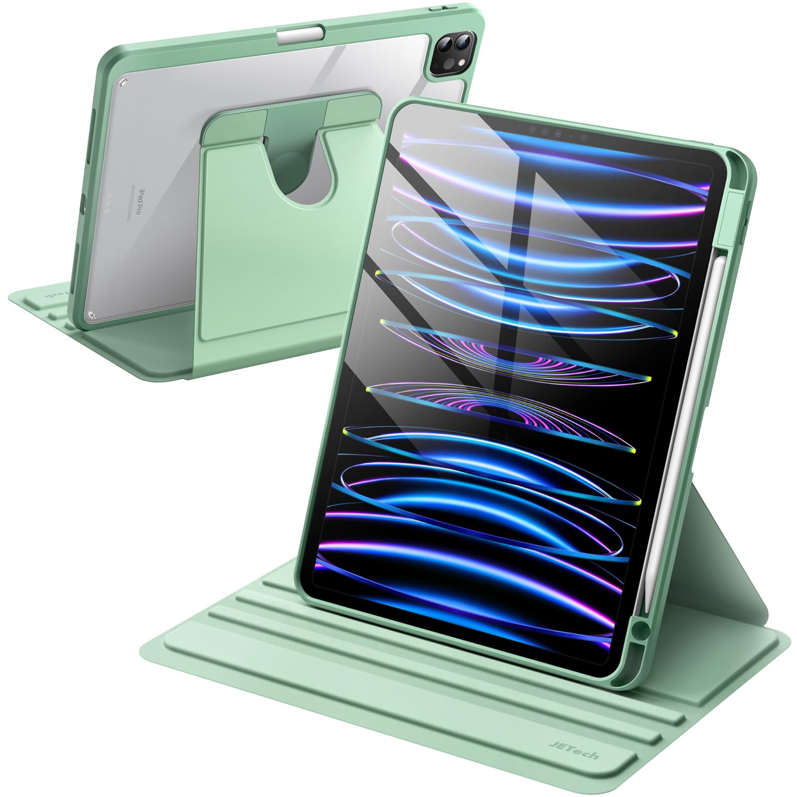 JETech Rotierende Hülle für iPad Pro 11 Zoll 2022/2021 (4./3. Generation) mit Stifthalter, 360 Grad Drehbare Schutzhülle Ständer Transparente Rückseite, Auto Wachen/Schlafen (Matcha Grün)