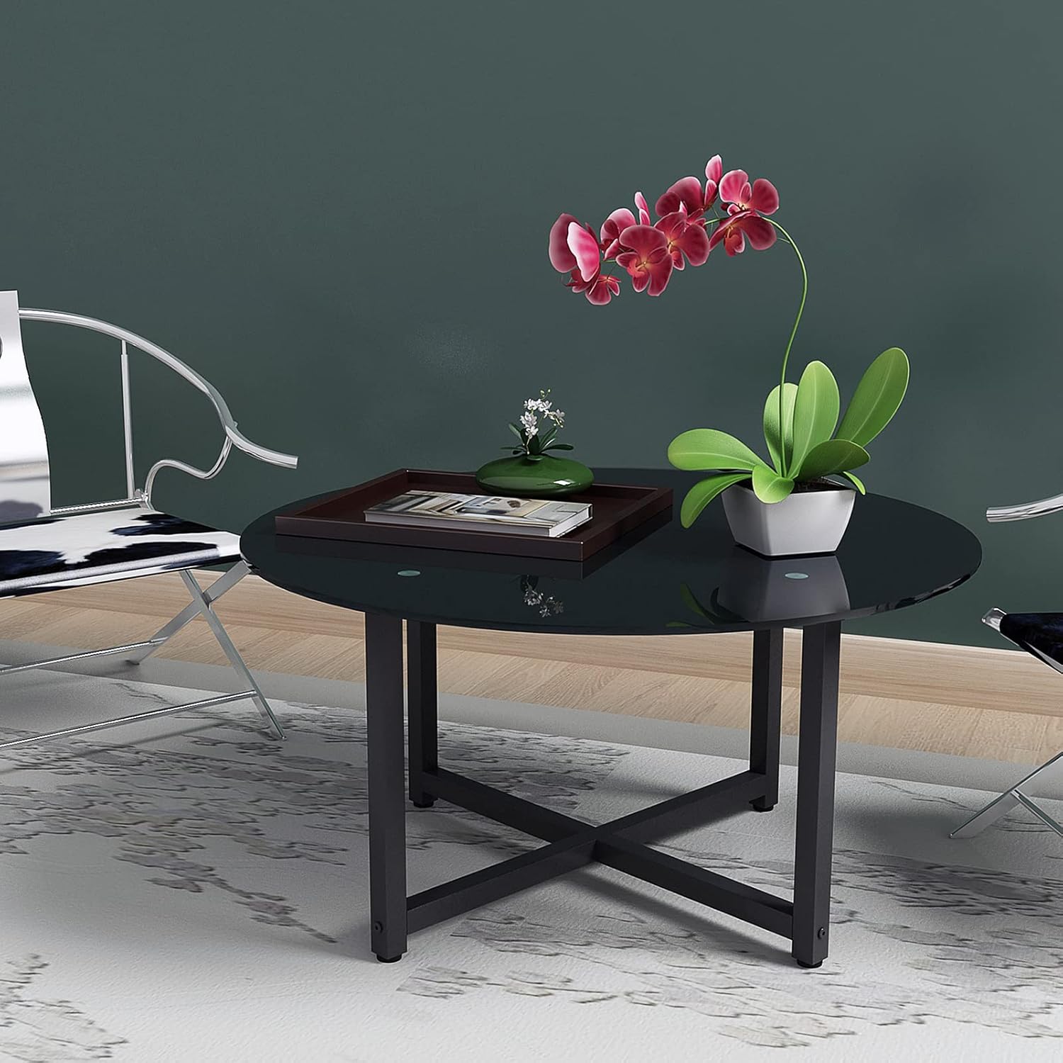 Round Glass Coffee Table, Modern Side Center Tables for Living Room with Metal Legs (Black)