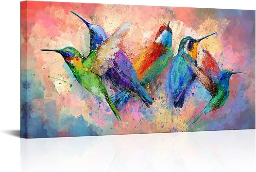 sechars Large Size Bird Canvas Wall Art Colorful Hummingbird Painting Picture Prints Modern Abstract Artwork for Living Room Kitchen Decorations Ready to Hang 24x48inch
