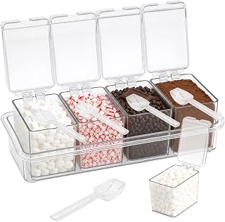 Hot Cocoa Bar Supplies Kit,Clear Acrylic 4-Cell Hot Chocolate Bar Supplies with Lids and Spoons,toppings containers with Lids for Cocoa Marshmallows,Crushed Candy Canes,Chocolate Chips,Ground Cinnamon