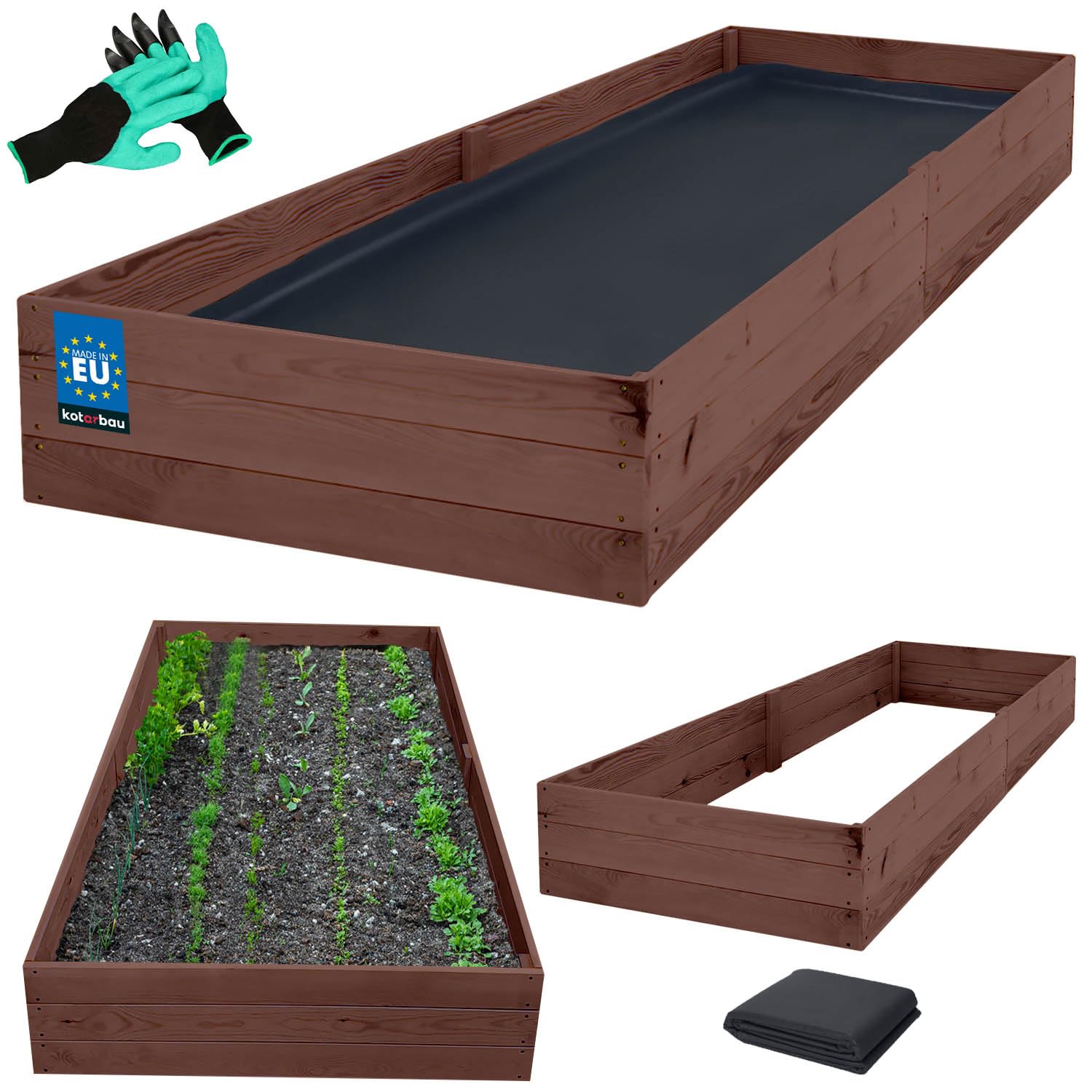 KOTARBAU® Jardinera de madera para plantas de fondo profundo 200x120x27cm Impregnadas, jardineras marrones, maceta alta, jardineras para hierbas aromáticas, jardineras para el jardín, macetas para