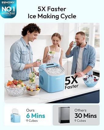 EUHOMY Countertop Ice Maker Machine with Handle, 26lbs Per Day, 9 Ice Cubes Ready in 6 Mins, Auto-Cleaning Portable Ice Maker with Basket and Scoop, for Home/Kitchen/Camping/RV (Blue)