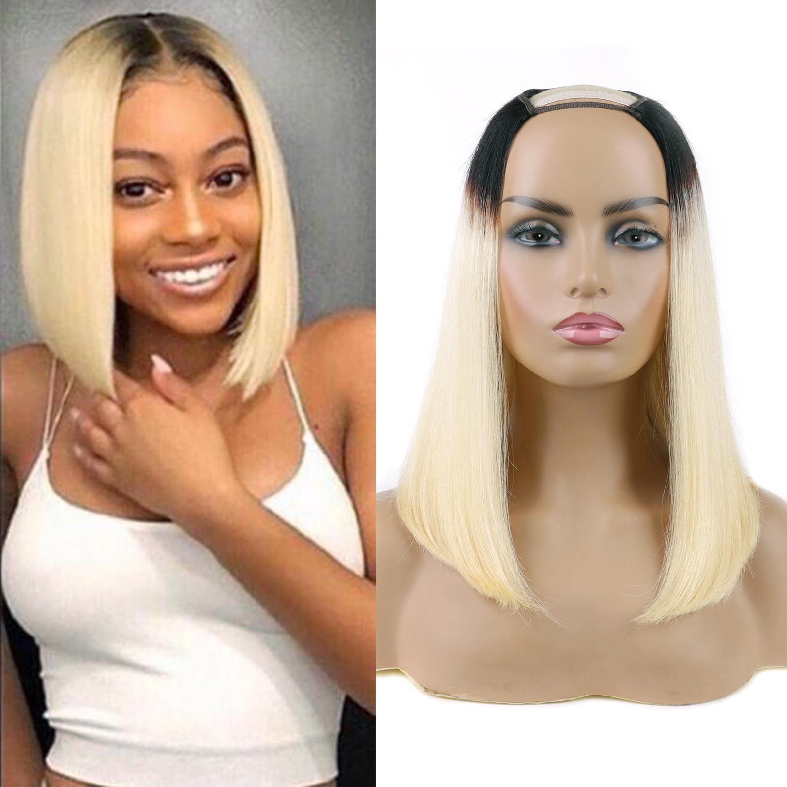 Huarisi Short U Part Bob Wigs Human Hair Ombre for Women 12 Inch 1B613 Bob Wig None Lace U Shape Black Roots to Bleach Blonde Look Natural