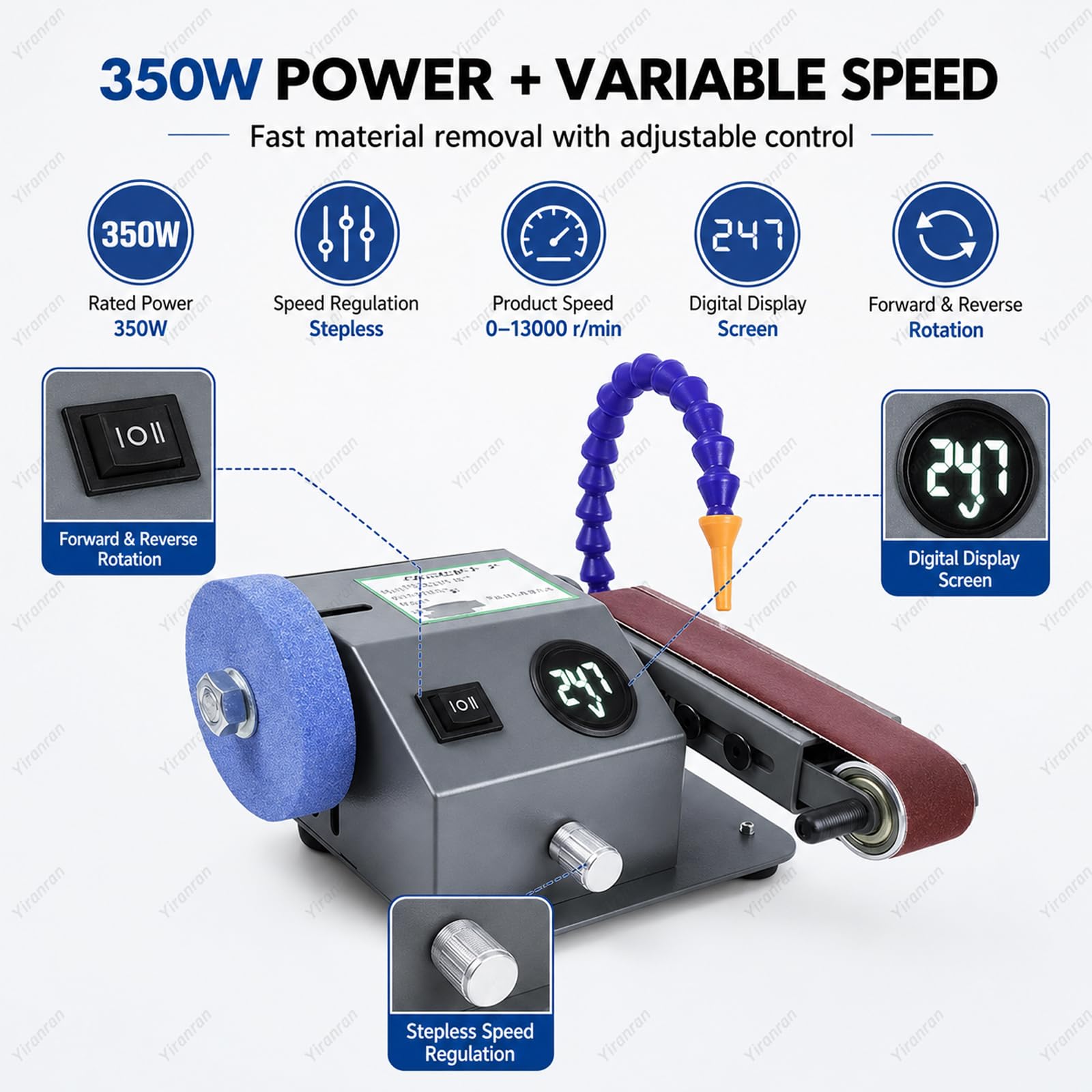 Lijadora de banda de doble propósito (seco y húmedo), 350 W, eléctrica, de banco y afiladora de cuchillos, con 10 bandas de lijado, ángulo de lijado de 0 a 90°, para uso doméstico y profesional