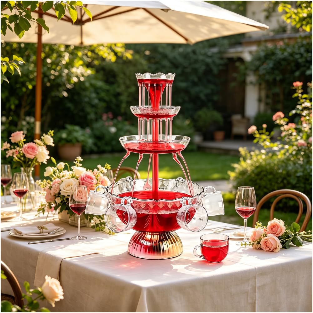 AVSMGP Red Wine Juice Fountain Machine With cup, 3-Tier Electric Drink Dispenser with LED Light, 3L Capacity for Champagne,Water,Juice,Party, Wedding,Birthday,Bar