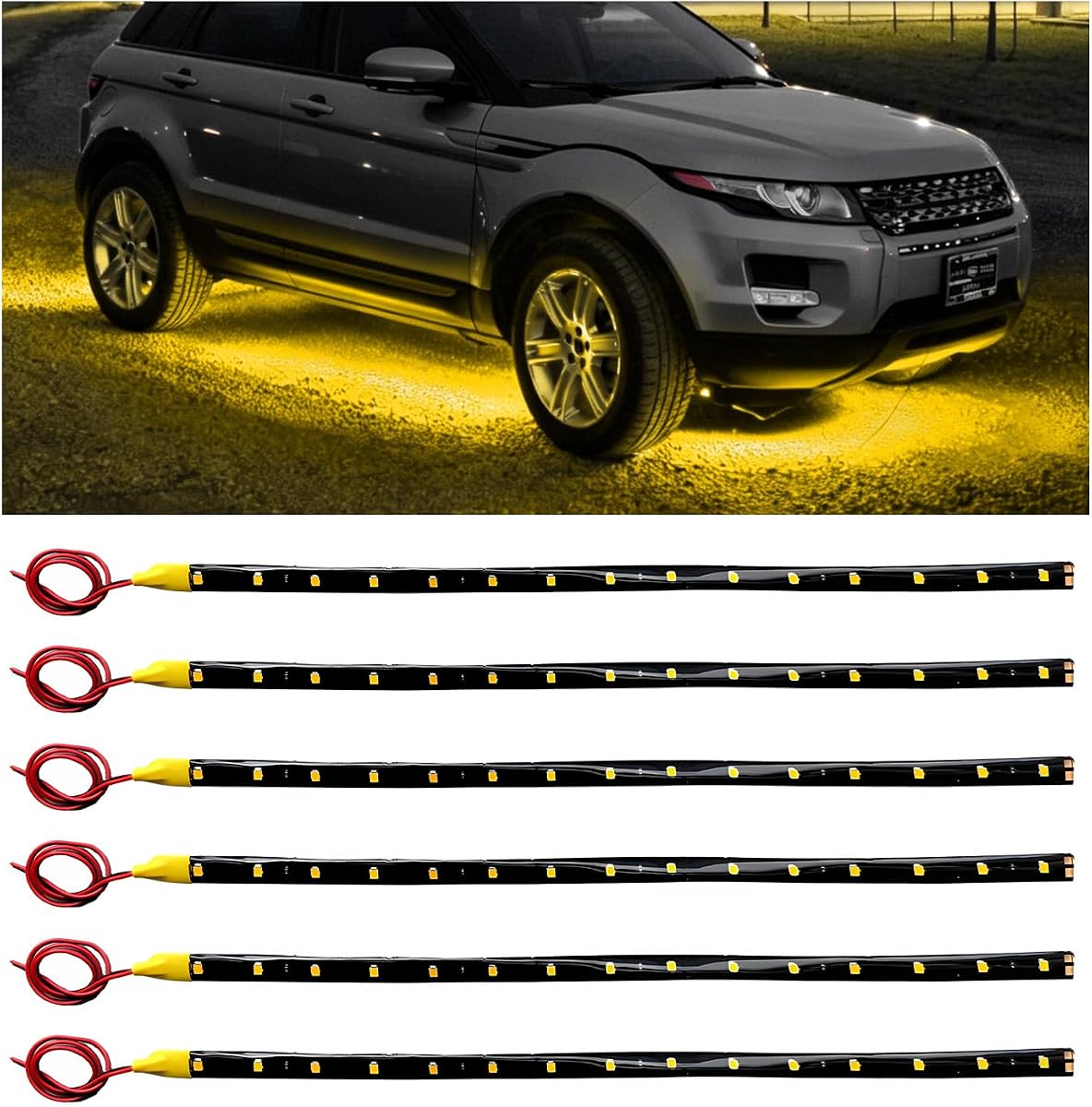 6 PCS 15 LED Strip Underbody Light, 12" 12V Super Bright Underbody Light Strip with 10" Wire, Waterproof Flexible LED Interior Exterior Decoration Lamp for Car Motorcycle Truck (Yellow)