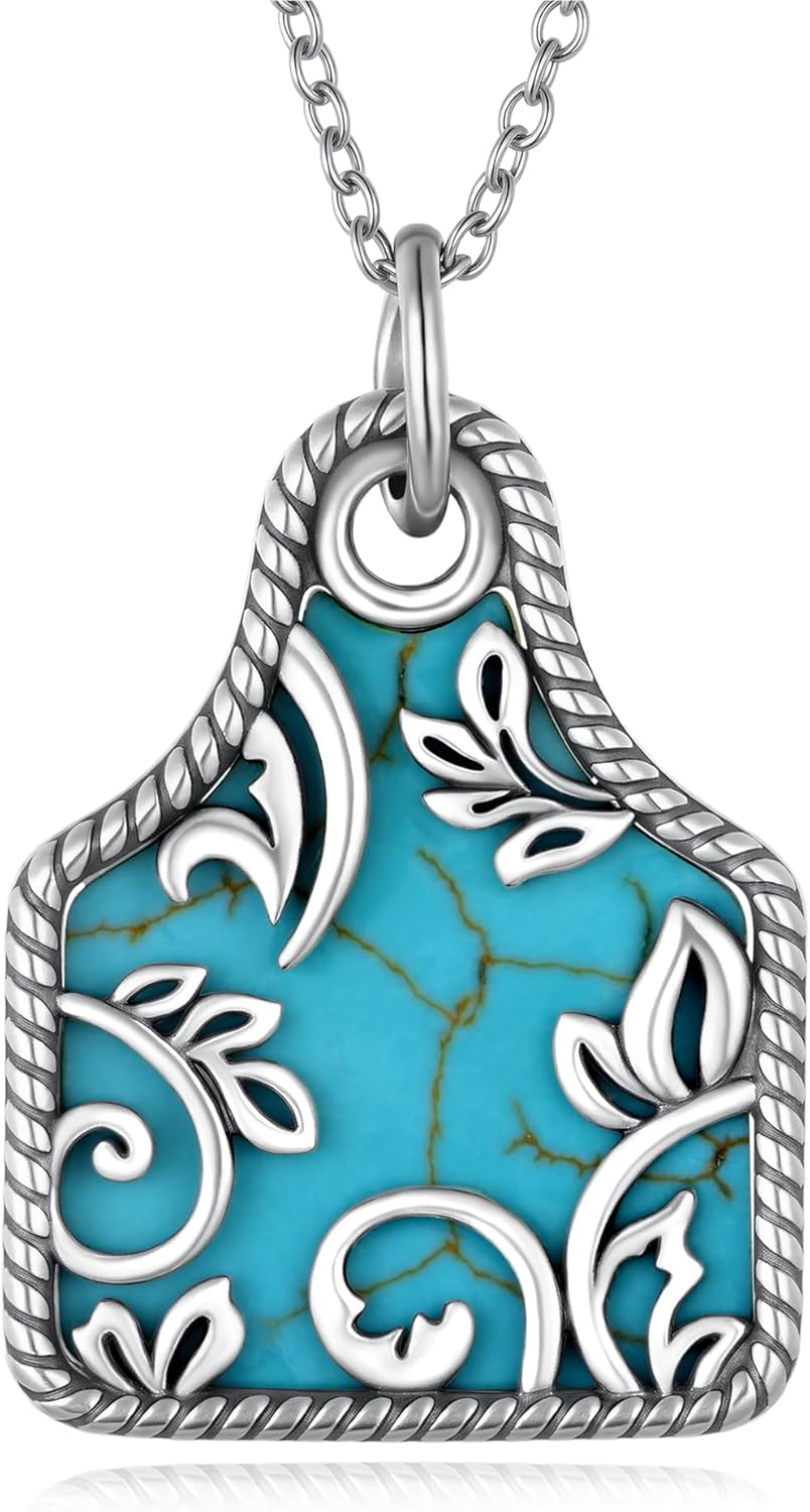 Genuine Turquoise Necklace 925 Sterling Silver Cattle Tag Necklace Vintage Western Nature Gemstone Real Turquoise Jewelry for Women