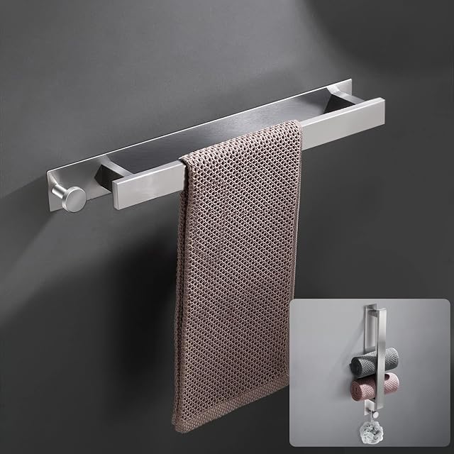 ZENG Towel Holder No Drilling Stainless Steel Guest Hand Towel Holder Self-Adhesive Towel Rail Wall Mounted Bathroom Towel Rack Adhesive 40 cm with Hooks for Bathrooms and Kitchen