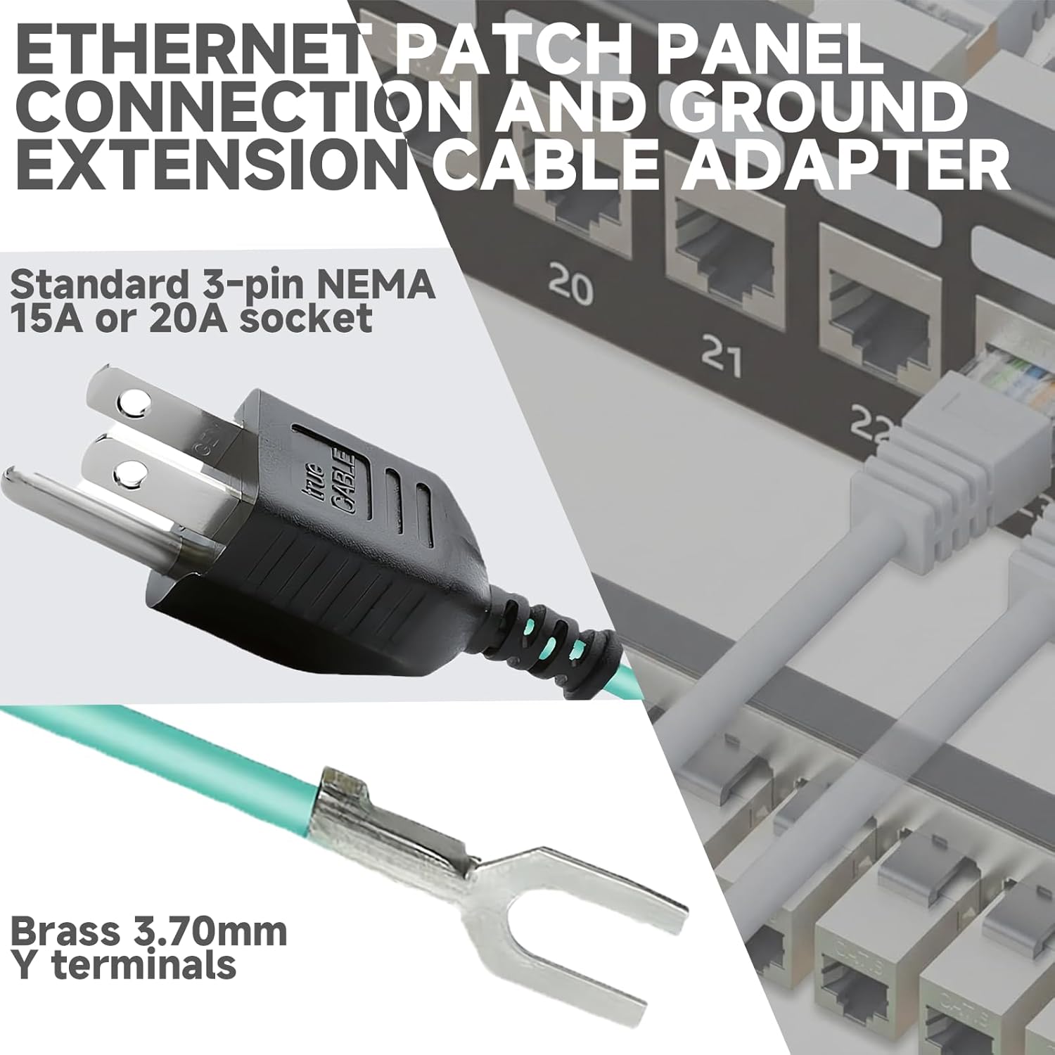 Shielded Ethernet Patch Panel Bond Ground Extension Cord for NEMA 5-15P 3 Prong Plug, 14AWG 6.5FT Grounding Cable with 3.70mm Y Terminal Wiring Harness