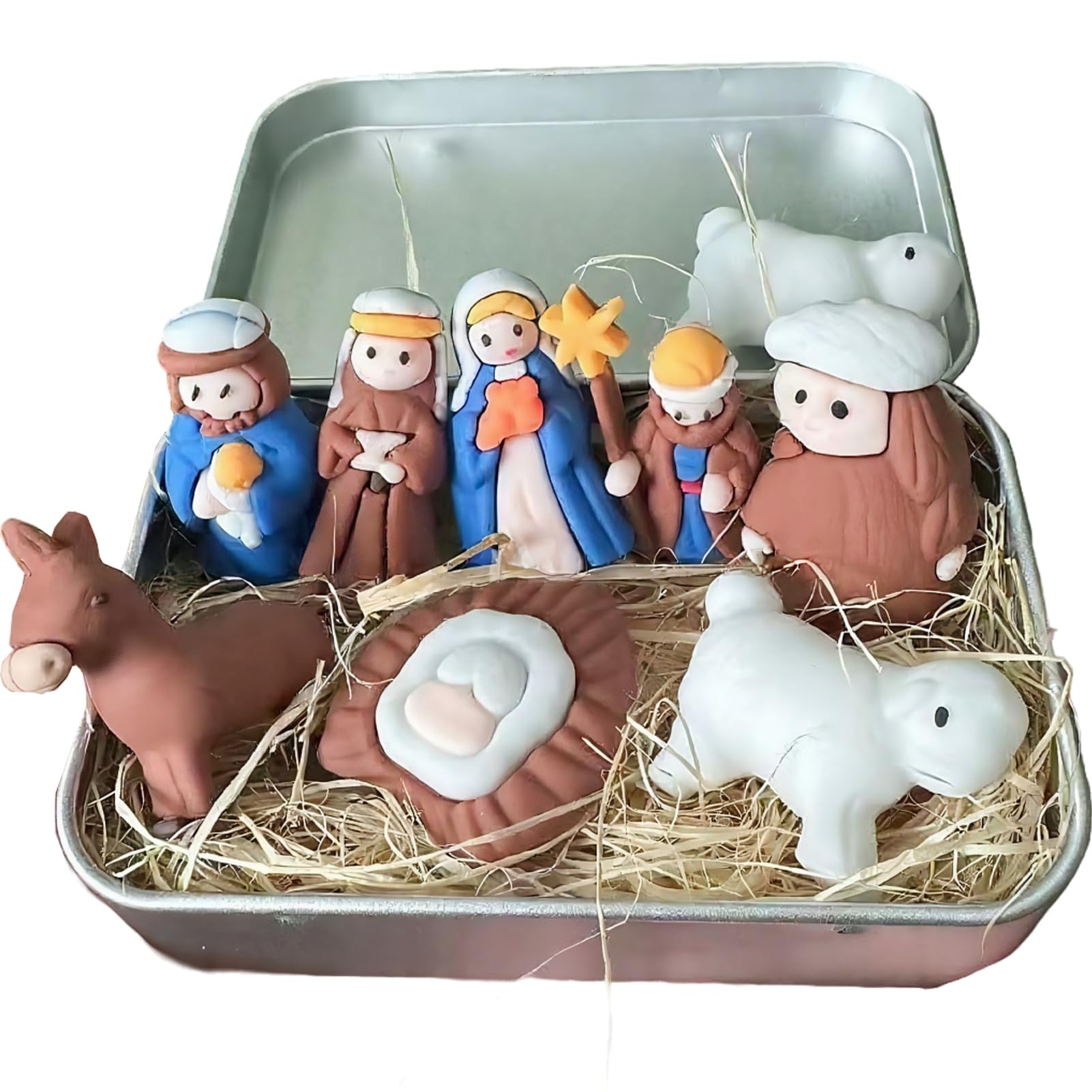 KIXZSAZ Small People Nativity Set Handmade Mini Portable Christmas Day Symbol Of Love Pocket Handcrafted Pocket-size Scene Gifts Tin Mini