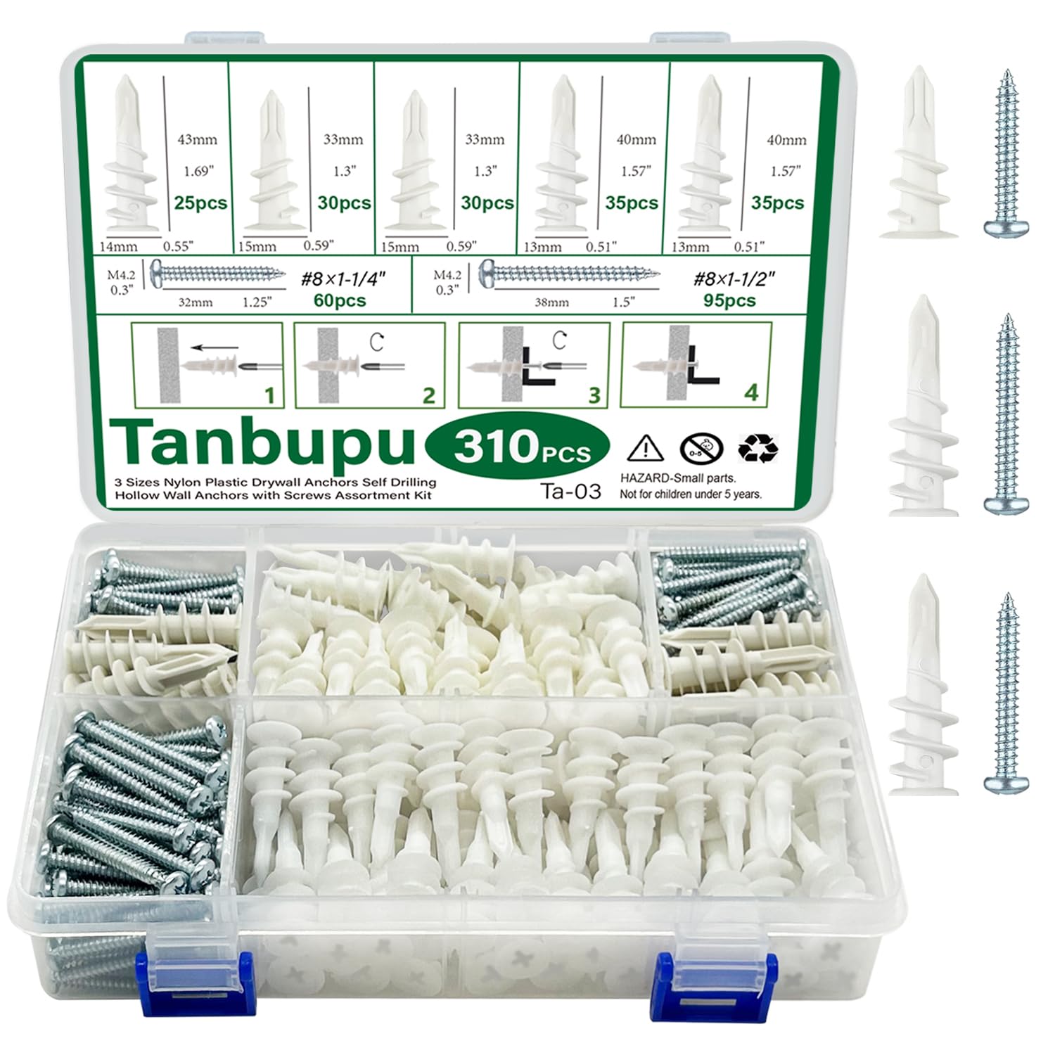 156PCS Self Drilling Drywall Anchors and Screws for Drywall,3 Sizes Nylon Plastic Wall Anchors,13x42mm,15x33mm, 10x33mm,No Pre Drill Hole Preparation Required