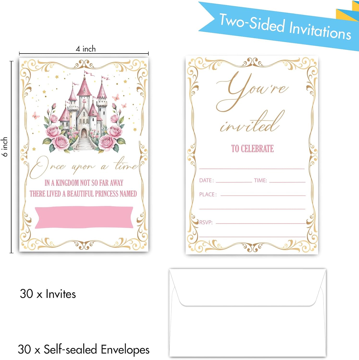 Princess Birthday Invitations, Fairytale Castle Themed Invitation for Girls Party Supplies, Once Upon A Time, 30PACK Floral Fill-in Invites with Envelopes (Pink)