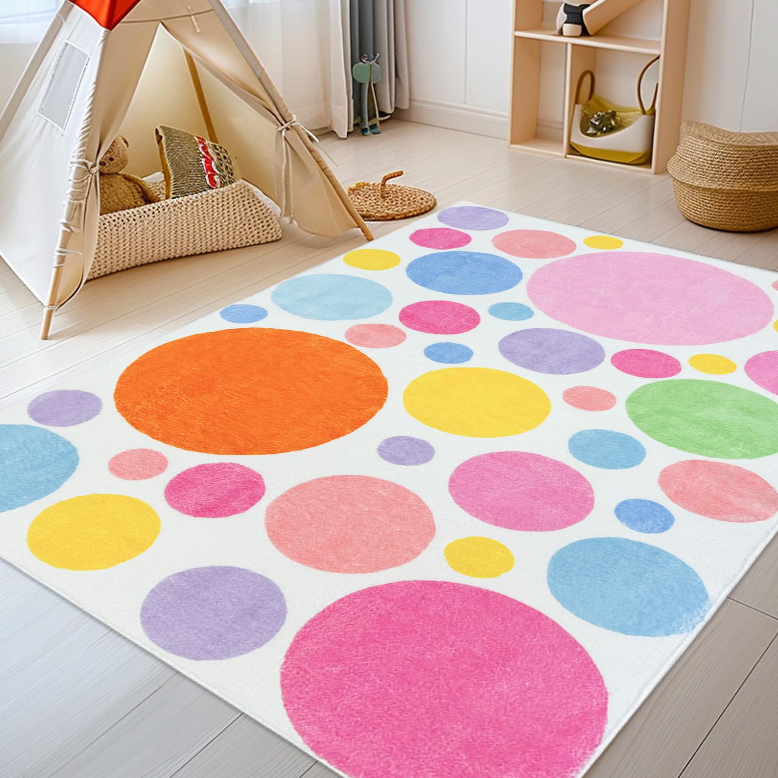 Kinderteppich, Regenbogen-Luftblasen, Teppich für Mädchen, Jungen, Schlafzimmer, 90 x 150 cm, bunte Kreise, Spielmatte, Teppich für Wohnzimmer, waschbar, Rosa, Gelb, Orange, Blasen,