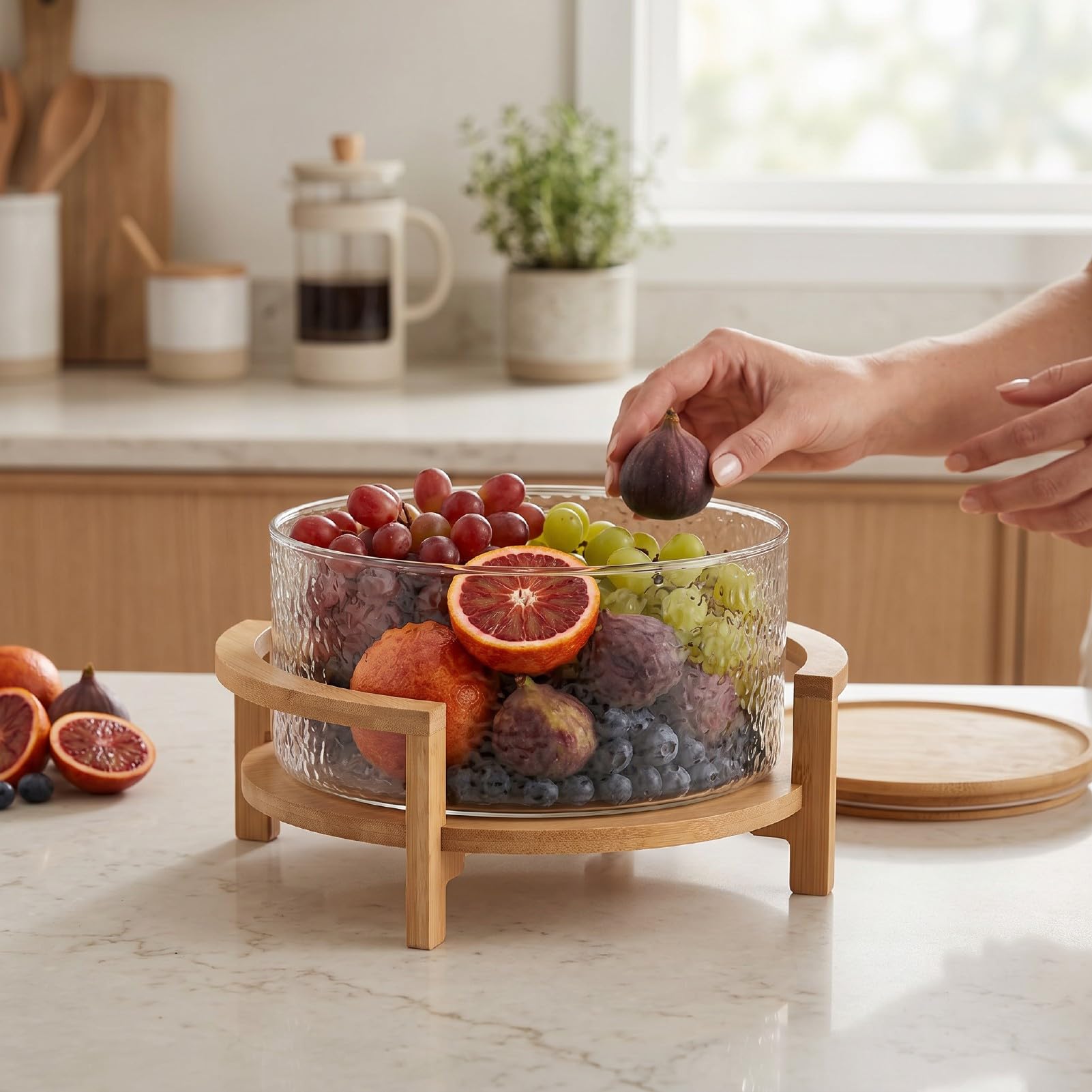 Fdit Ensaladera de Vidrio, Juego de Cuencos de Vidrio de Gran Capacidad de 4,3 L con Base de Madera y Tapa a Juego para Comidas Familiares, Fiestas, Postres de Frutas