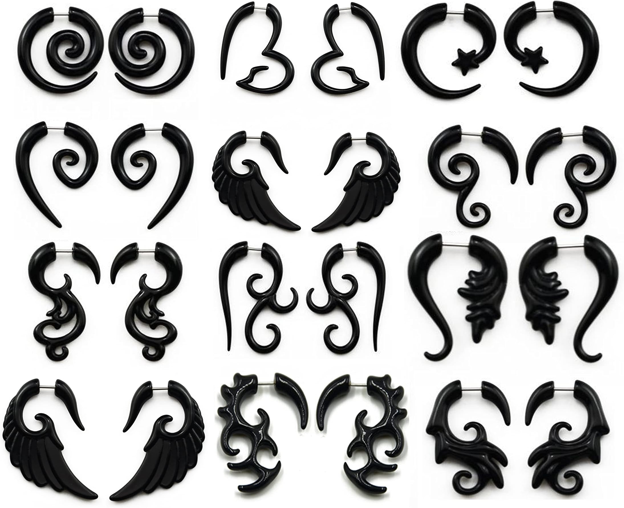 6-12Pairs Stainless Steel Punk Black Tribal Spiral Fake Gauges Acrylic Ear Tapers Fake Plugs Horn Stud Earrings Tunnel Body Piercing Jewelry