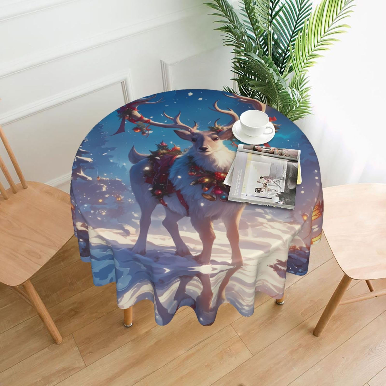 HLBSDM Festival Deer Printed Practical Round Tablecloth, Durable, Suitable for Home, Restaurant, Hotel, Gathering, and Decorative Table Covers
