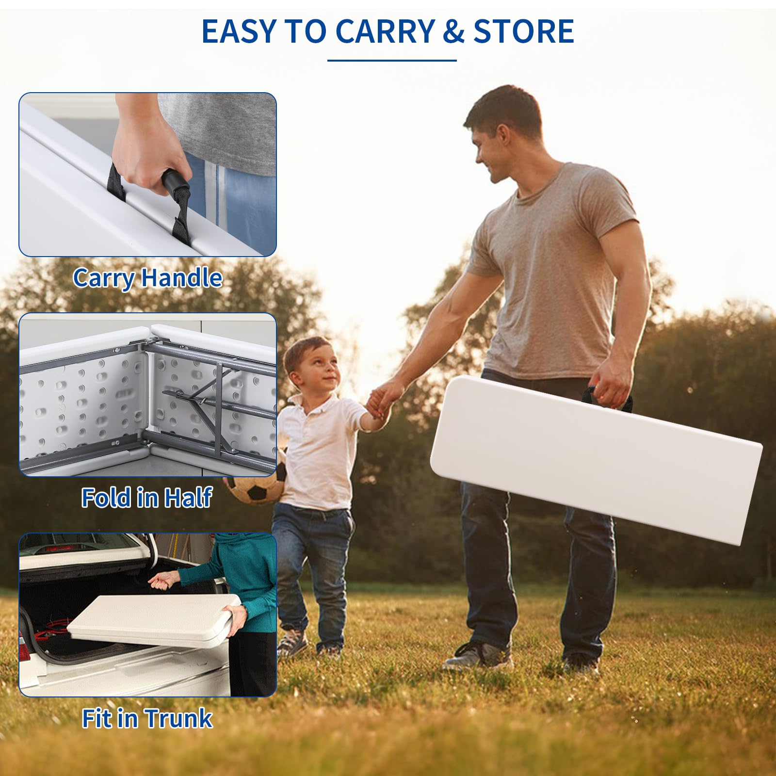 KAIHAOWIN Banc pliable en plastique blanc de 1,8 m avec poignée de transport, siège portable pour pique-nique, camping, salle à manger, fête