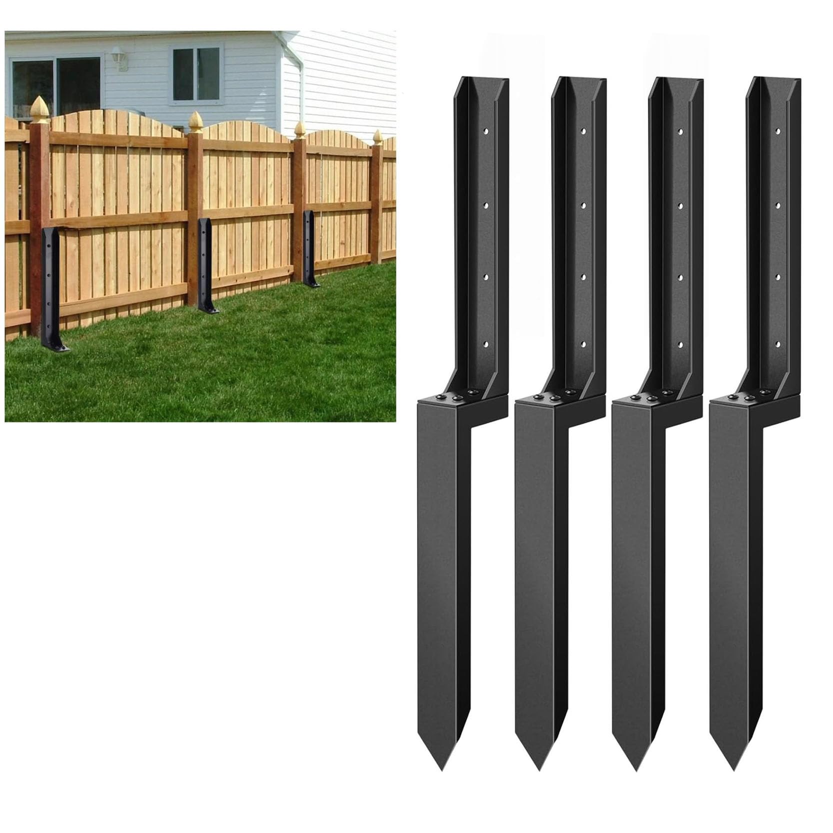 LQSYBHD Fence Post Repair Kit Heavy Duty Fence Post Anchor Ground Stake Fence Post Repair Stakes No Dig Drive-in Support for Tilted or Broken Wooden Fence Posts Black(Size:4pcs)