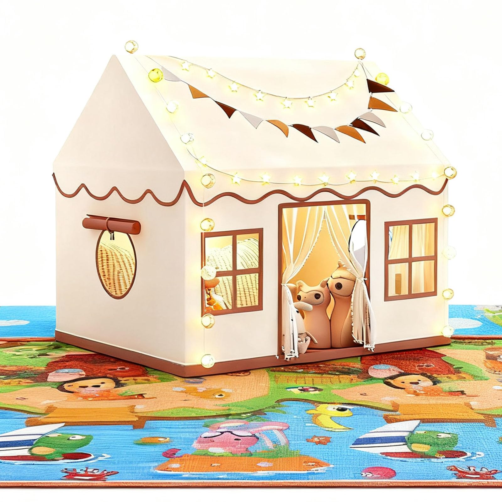 Spielzelte, Kinderzelt Indoor mit LED Lichtern, 125x95x130cm, Geräumiges Spielhaus für Jungen Mädchen ab 3 Jahren mit Weicher Matte & Sternenflagge, ideal für Rollenspiele, Lesen und Verstecken