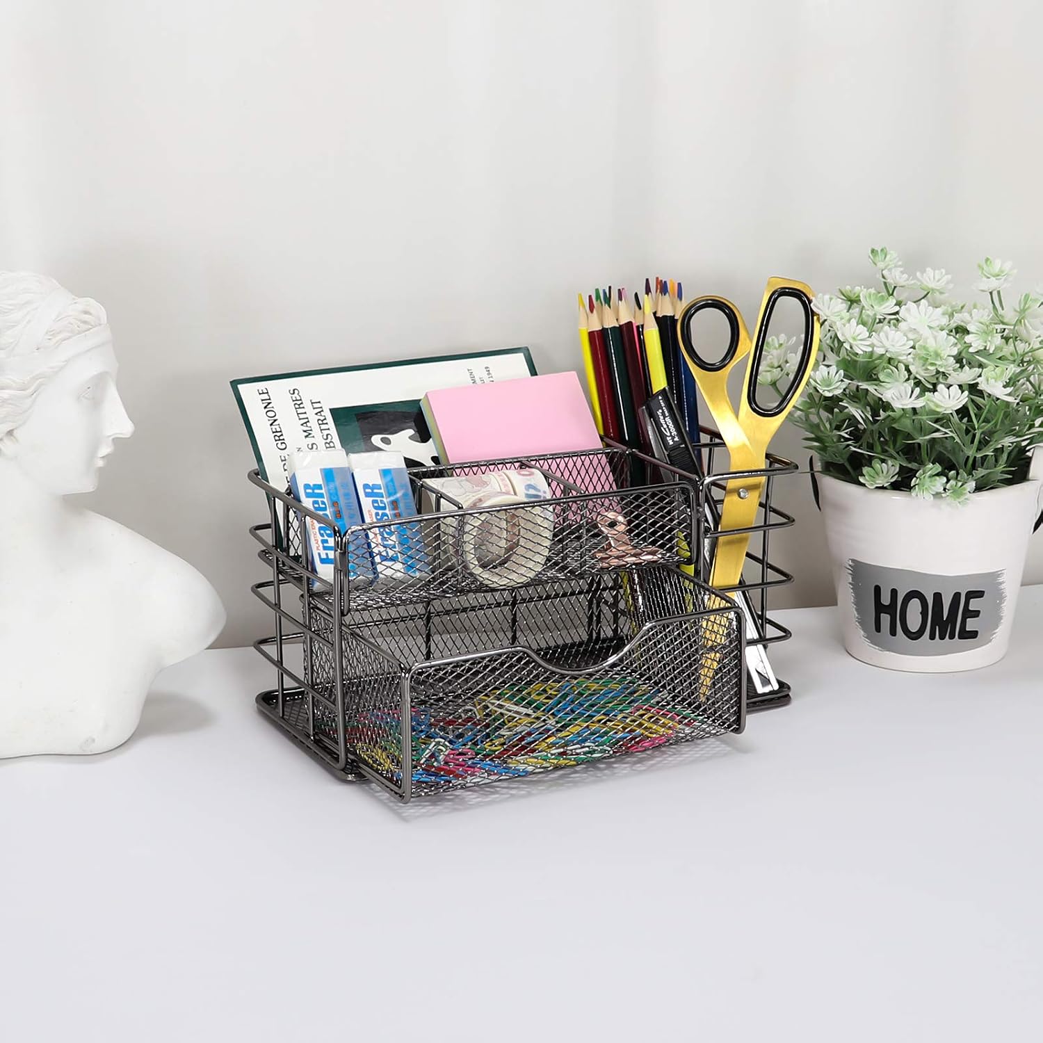 LEORISO Mesh Desk Organizer, Dark Gray Makeup Organizer with Drawer, Metal Office Supplies Desktop Organizer, Multifunctional Desk Accessories for Home Office School