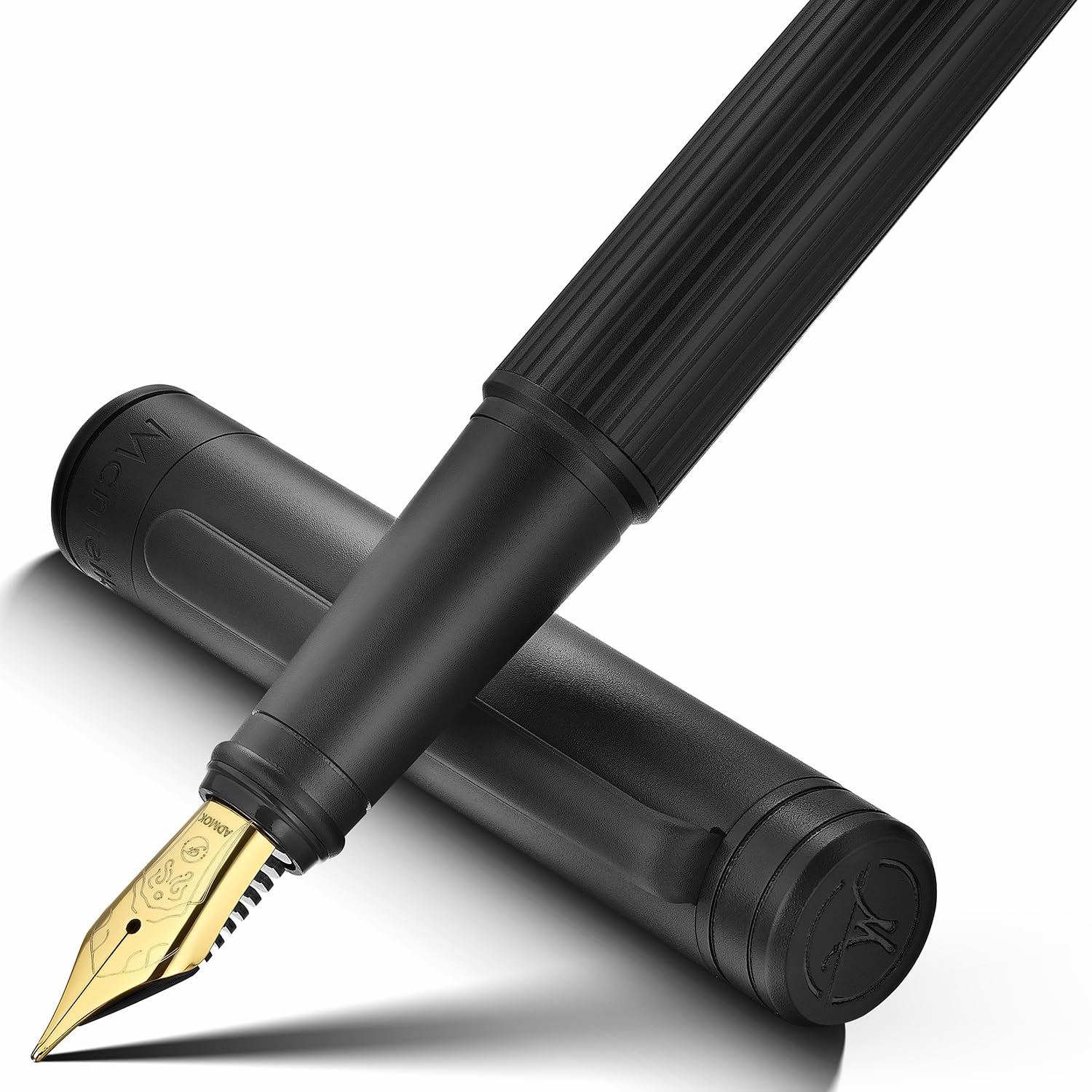 MCNTEIK Matte Black Forest Fountain Pen, Exquisite Vertical Grooving Design, 18K Gilded Nib (Fine), Fancy Pen Gift Set for Men & Women, Professional,