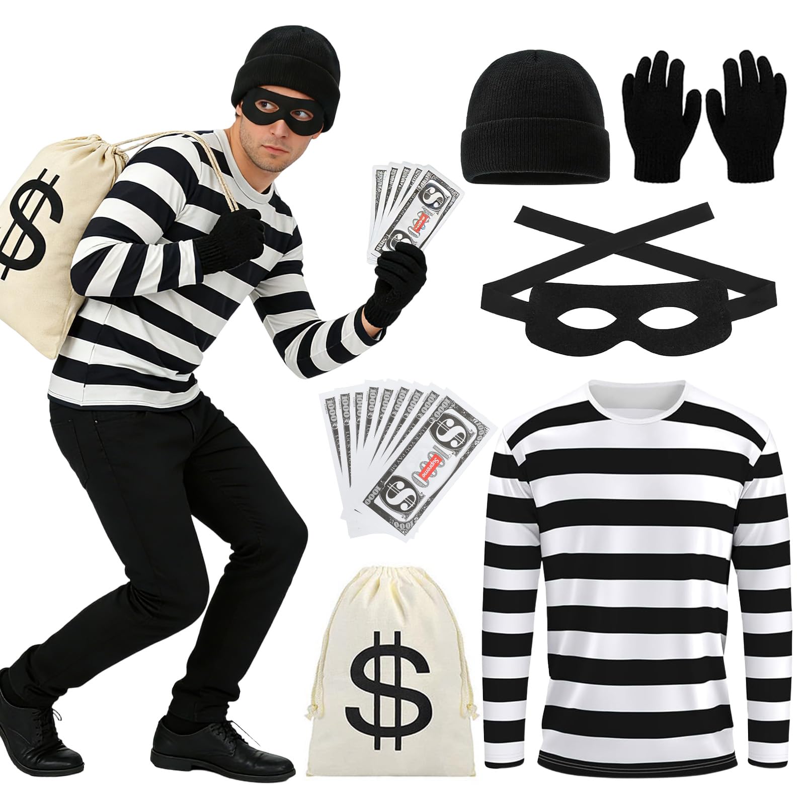 Dazzroi 6pcs Burglar Costume Set for Adults Robber Fancy Dress with Black and White Striped T-Shirt Beanie Hat Eye Mask Gloves Money Bag Banknote for World Book Day Halloween Cosplay Theme Parties