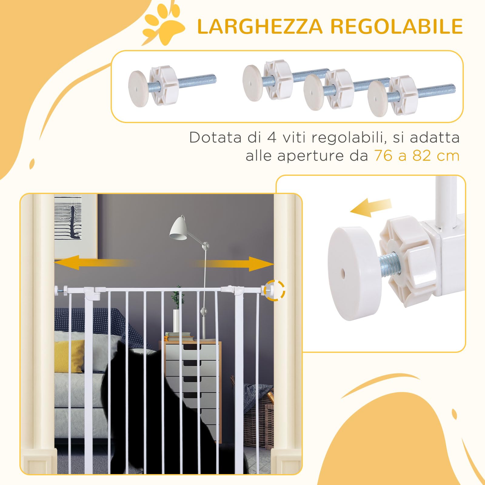PawHut Cancelletto di Sicurezza per Animali Allargabile Facile Installazione con Supporti a Pressione Acciaio Resistente con una Finitura Verniciata a Polvere Bianco 76x76-82cm