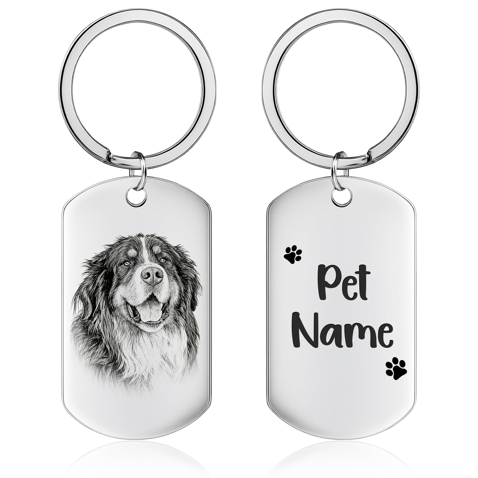 CDBUY Personalised Dog or Cat Photo Keyring, Custom Engraved Pet Portrait with Name, Memorial Gift Keepsake (Dog Tag Shape)