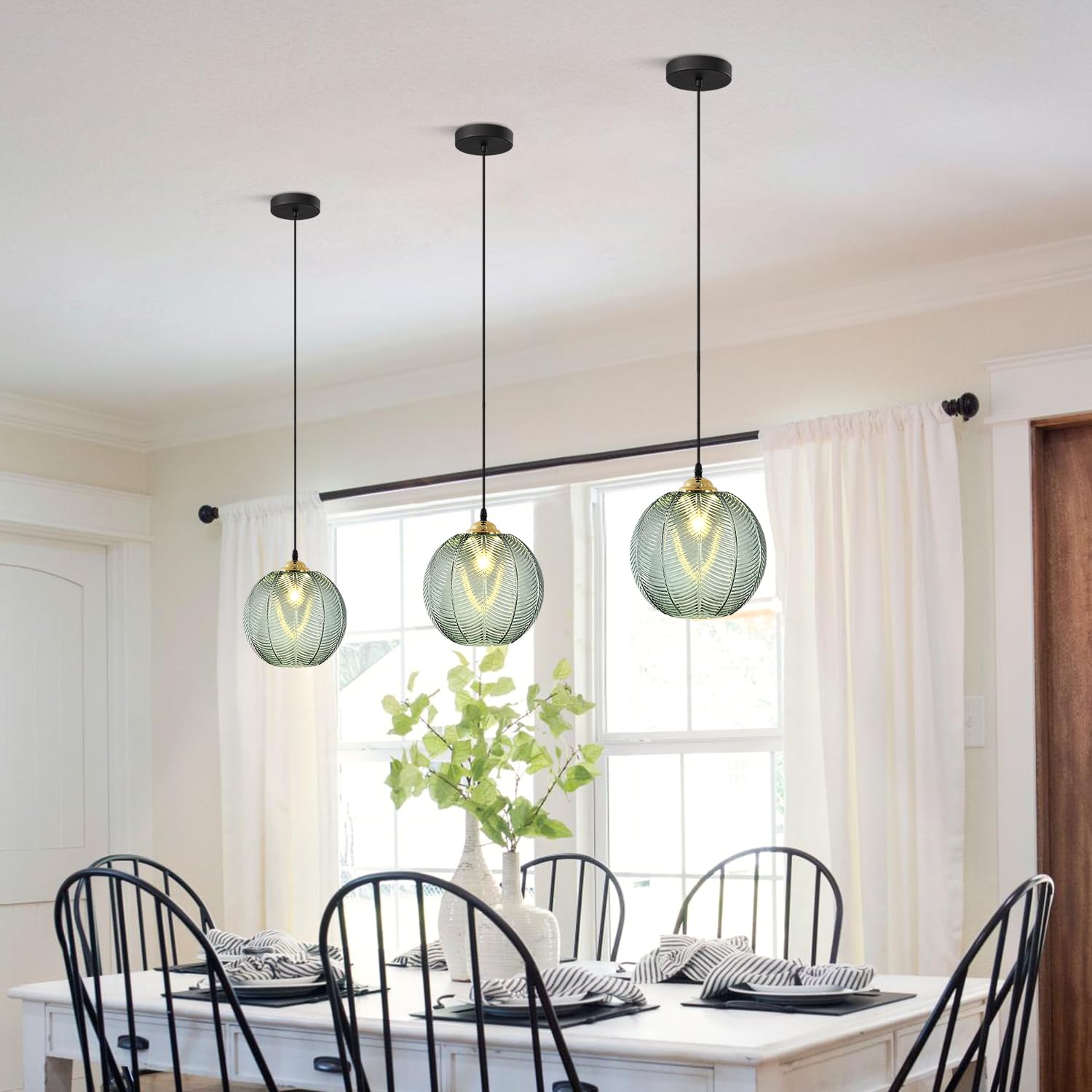 KCO Iluminación moderna de globo grande colgante lámpara colgante de cristal verde nórdico, lámpara colgante negra para cocina, casa de campo, isla de cocina, luz vintage individual verde para colgar